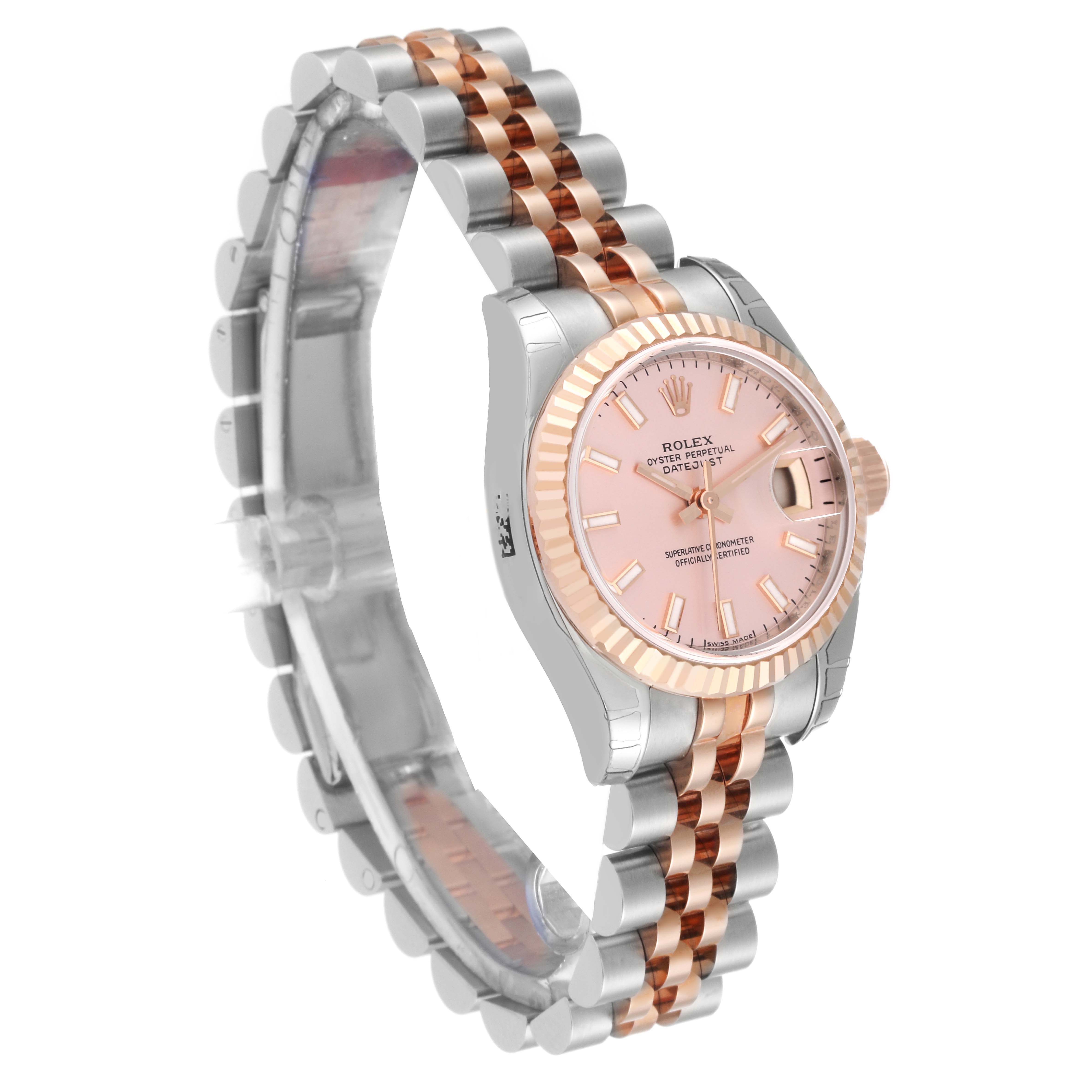 This image shows a side and front angled view of a Rolex Datejust 179171 Women's Steel and Gold (two tone) Pink Dial 179171 Women's Steel and Gold (two tone) Pink Dial watch with a pink dial and two-tone bracelet.