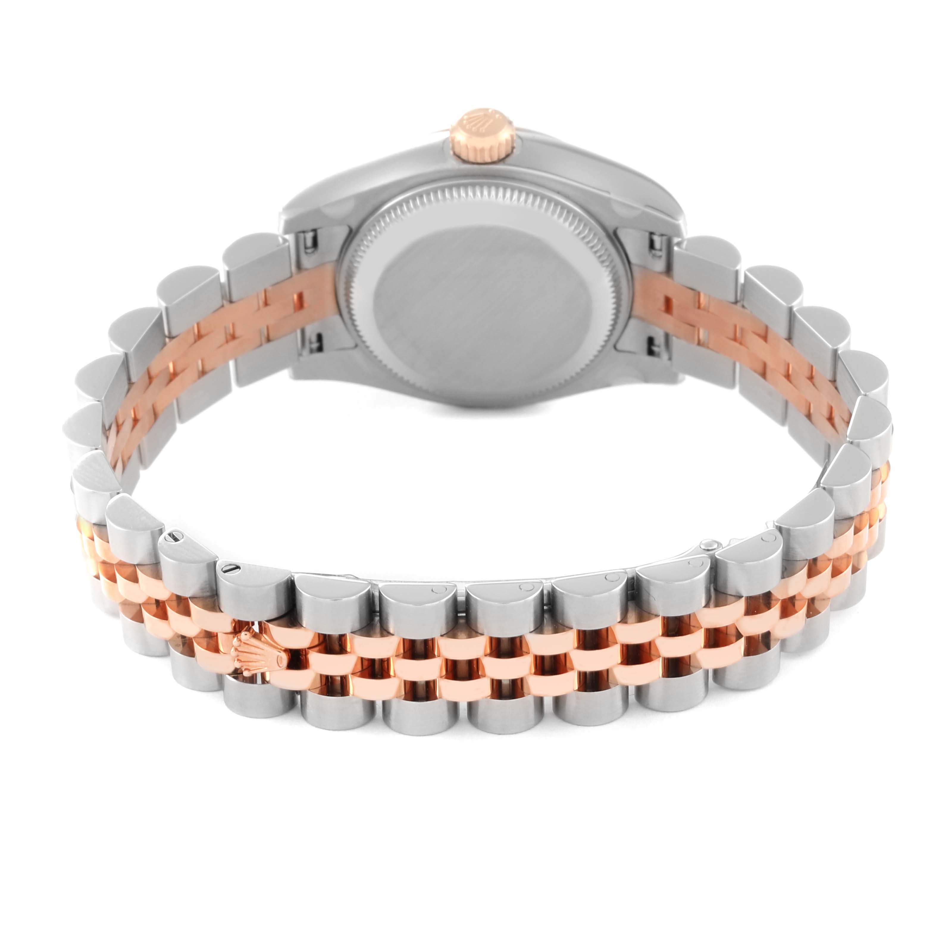 This image shows the back view of a Rolex Datejust 179171 Women's Steel and Gold (two tone) Pink Dial 179171 Women's Steel and Gold (two tone) Pink Dial watch, highlighting the case back, crown, and two-tone bracelet.
