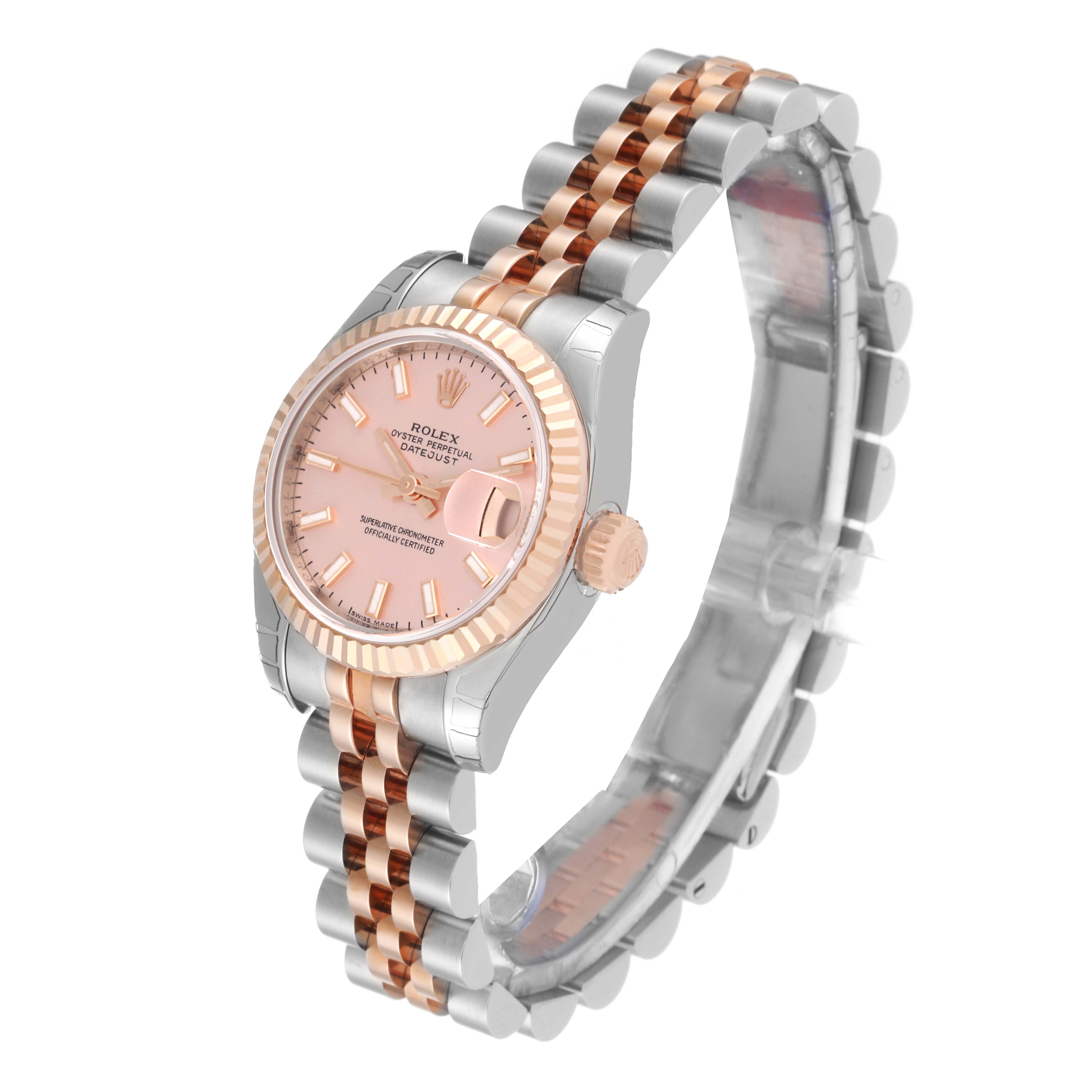 The image shows a Rolex Datejust 179171 Women's Steel and Gold (two tone) Pink Dial 179171 Women's Steel and Gold (two tone) Pink Dial watch with a pink dial, fluted bezel, and two-tone metal bracelet, viewed from an angle showing the face and band.