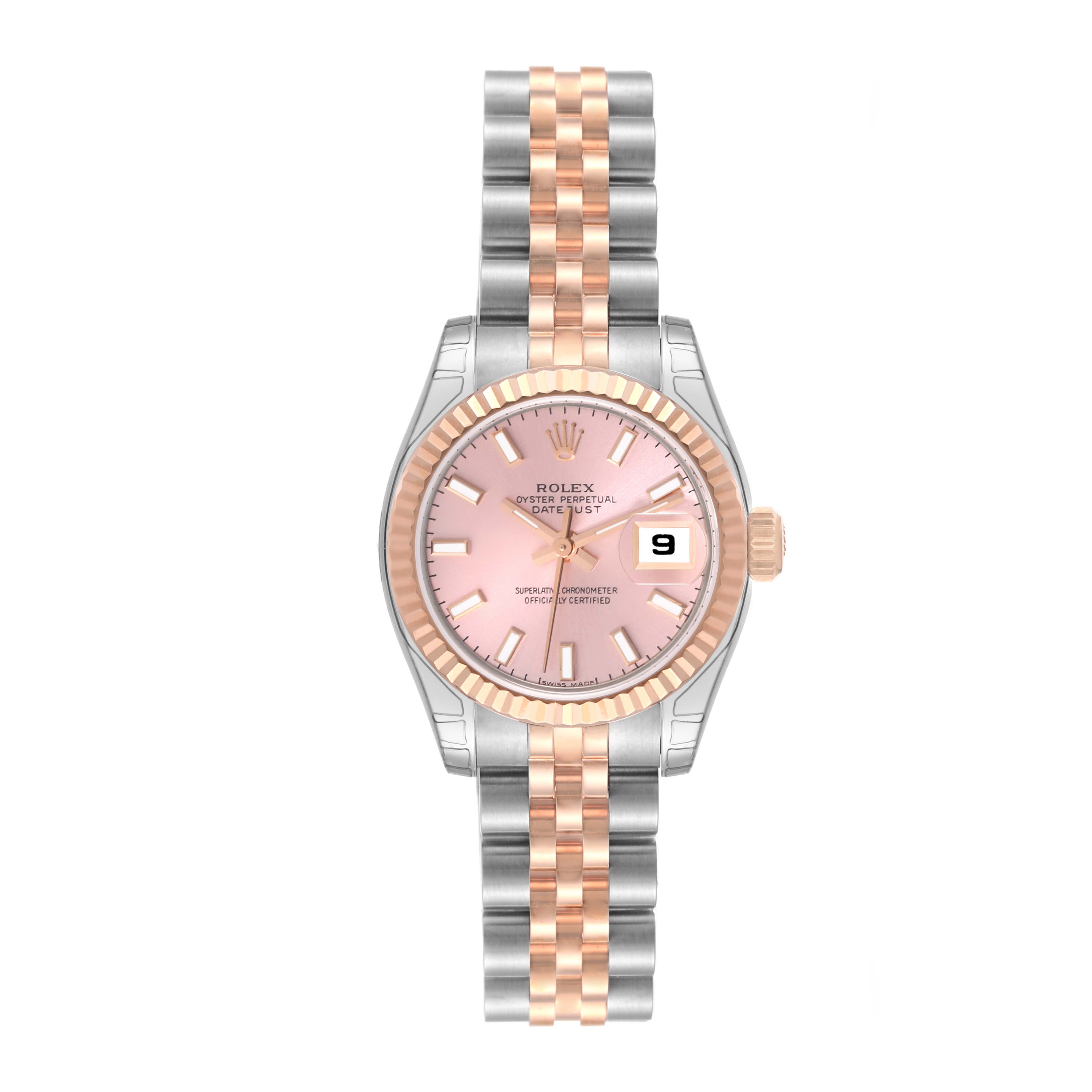 This image shows a Rolex Datejust 179171 Women's Steel and Gold (two tone) Pink Dial 179171 Women's Steel and Gold (two tone) Pink Dial watch from a front angle, highlighting its face, bezel, case, and bracelet.