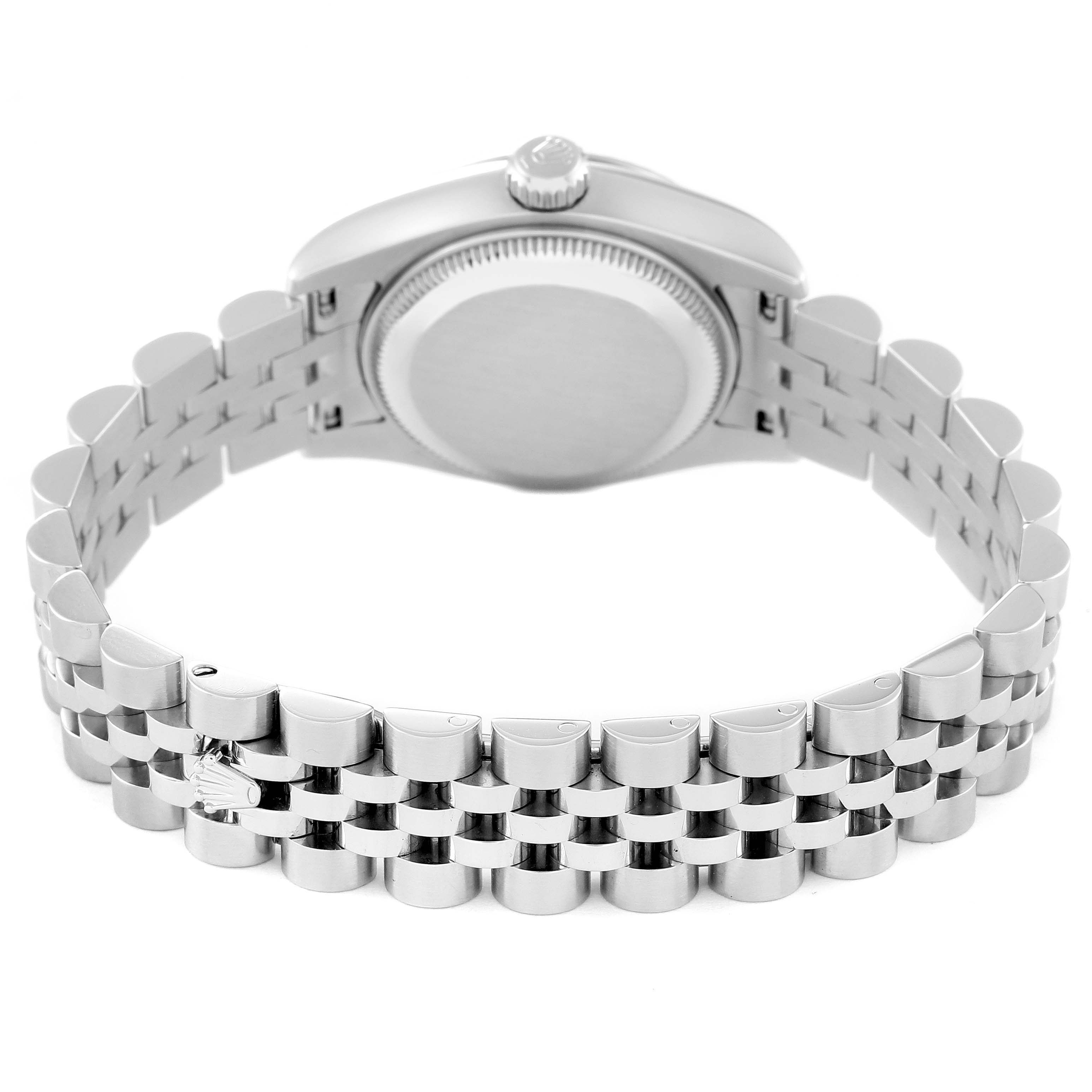 This image shows the back view of a Rolex Datejust 179174 Women's Stainless Steel Silver Dial 179174 Women's Stainless Steel Silver Dial watch, highlighting the bracelet and caseback.