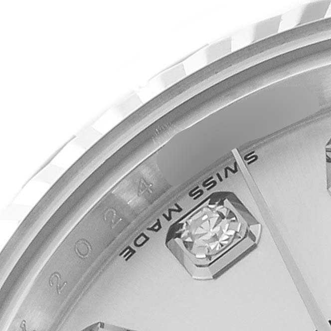 The image shows a close-up angle of the dial, bezel, and hour marker of a Rolex Datejust 179174 Women's Stainless Steel Silver Dial 179174 Women's Stainless Steel Silver Dial watch.