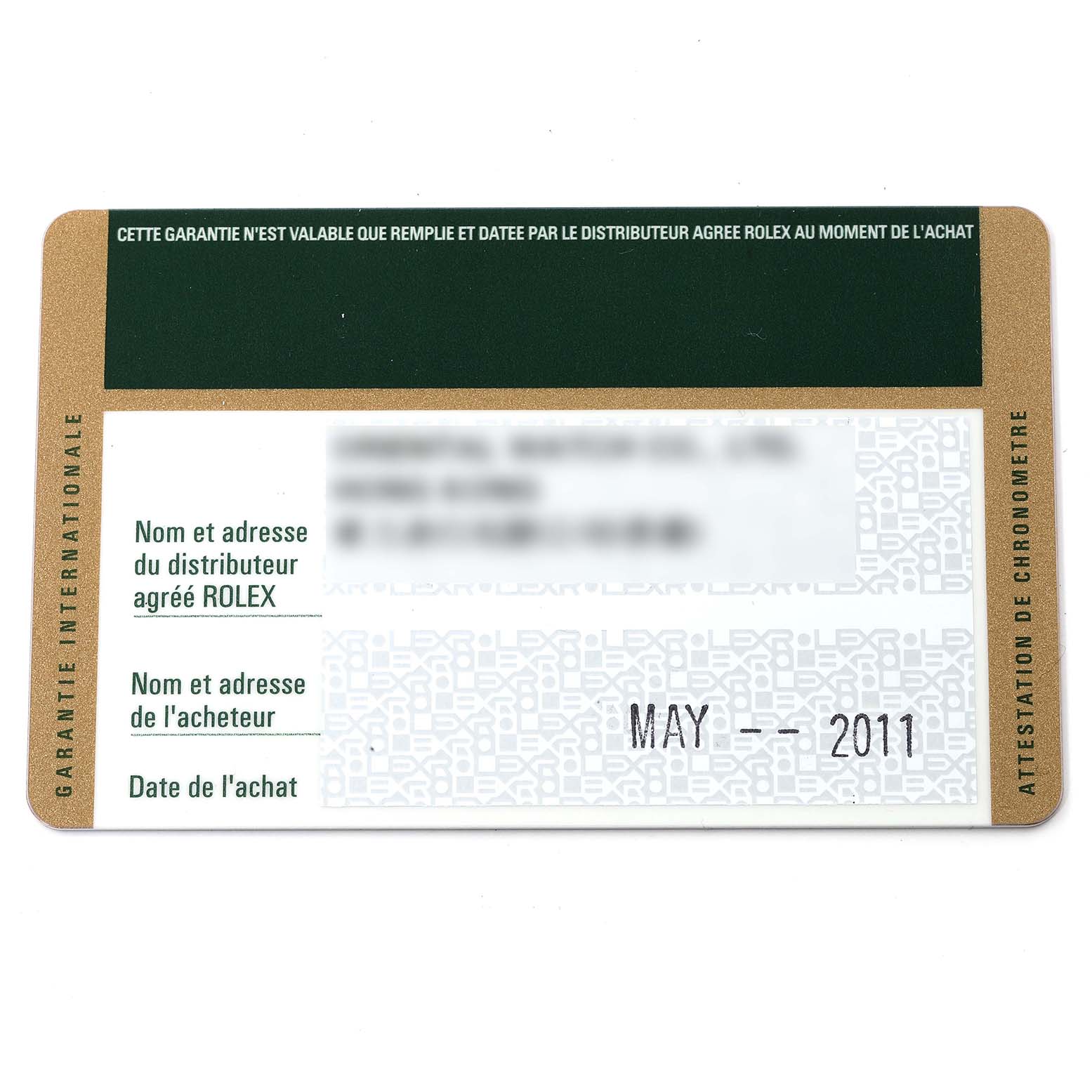 This image shows a warranty card for a Rolex Datejust 179174 Women's Stainless Steel Silver Dial 179174 Women's Stainless Steel Silver Dial watch, indicating purchase details and authenticity.