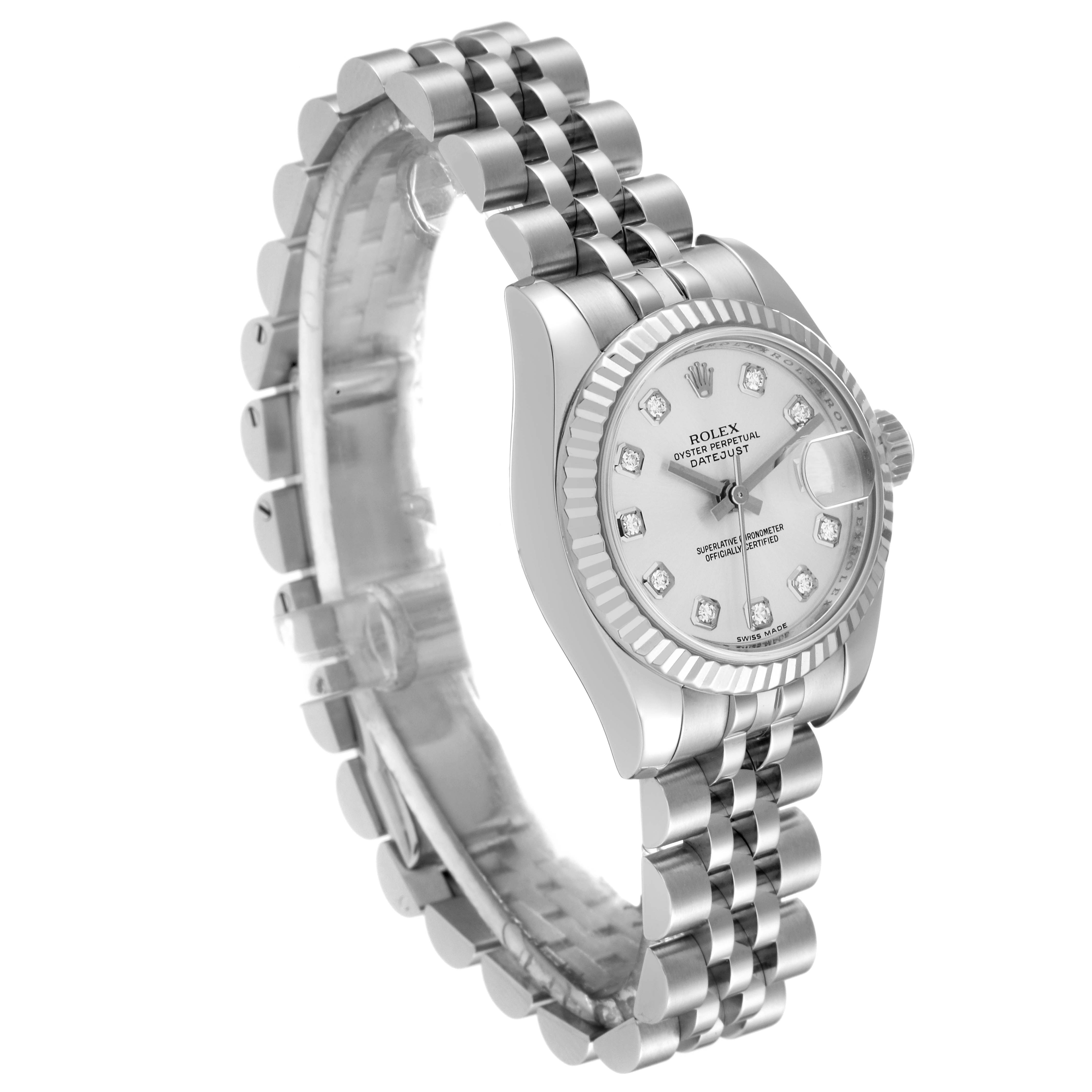 The image shows a Rolex Datejust 179174 Women's Stainless Steel Silver Dial 179174 Women's Stainless Steel Silver Dial watch at a three-quarter angle, highlighting the face, bezel, crown, and jubilee bracelet.