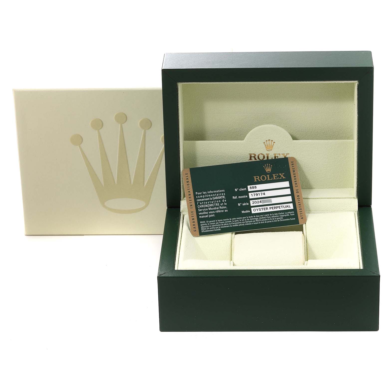 This image shows a Rolex Datejust 179174 Women's Stainless Steel Silver Dial 179174 Women's Stainless Steel Silver Dial watch box and authenticity card, viewed from the front.