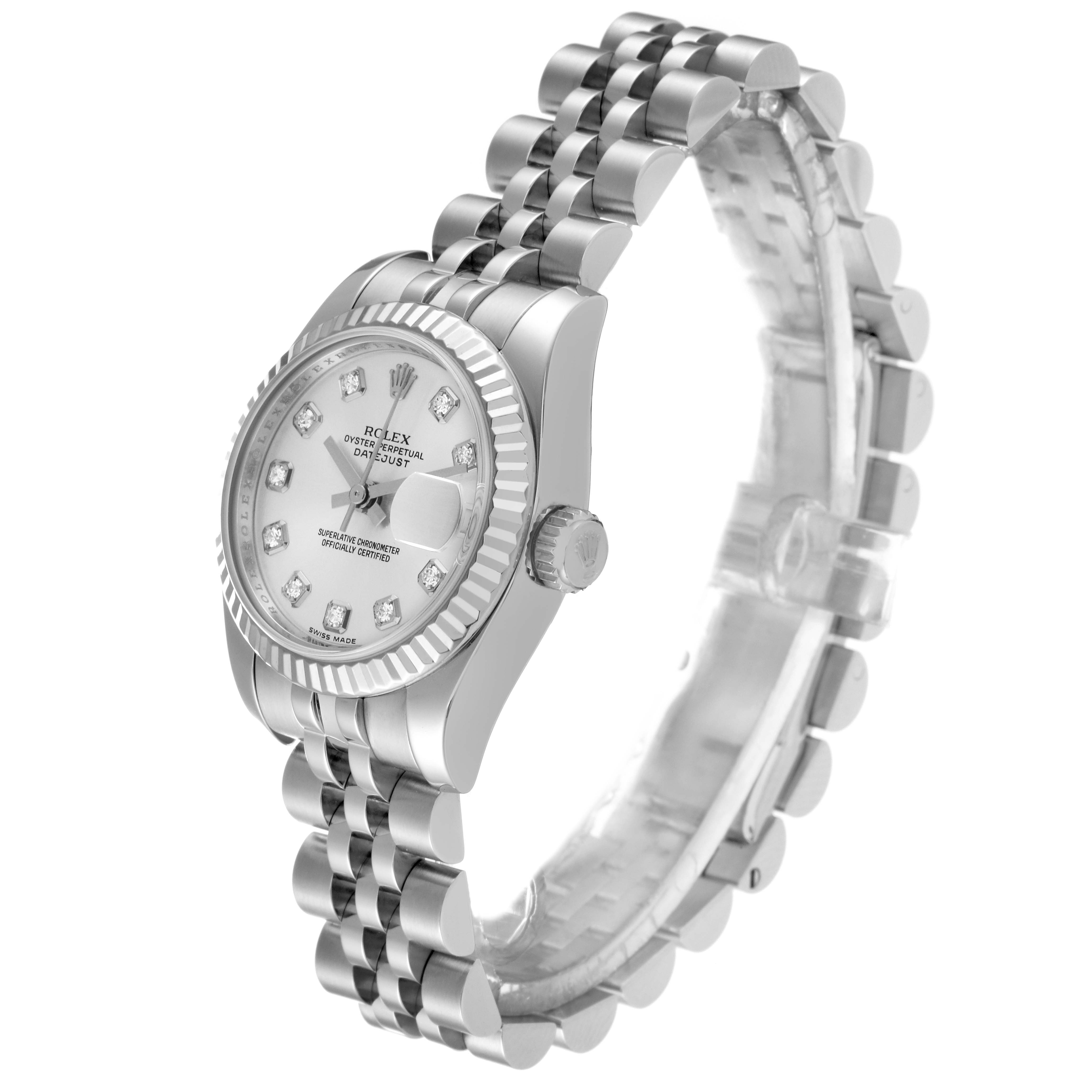 This image shows a side view of the Rolex Datejust 179174 Women's Stainless Steel Silver Dial 179174 Women's Stainless Steel Silver Dial watch, highlighting its case, bezel, crown, and bracelet.