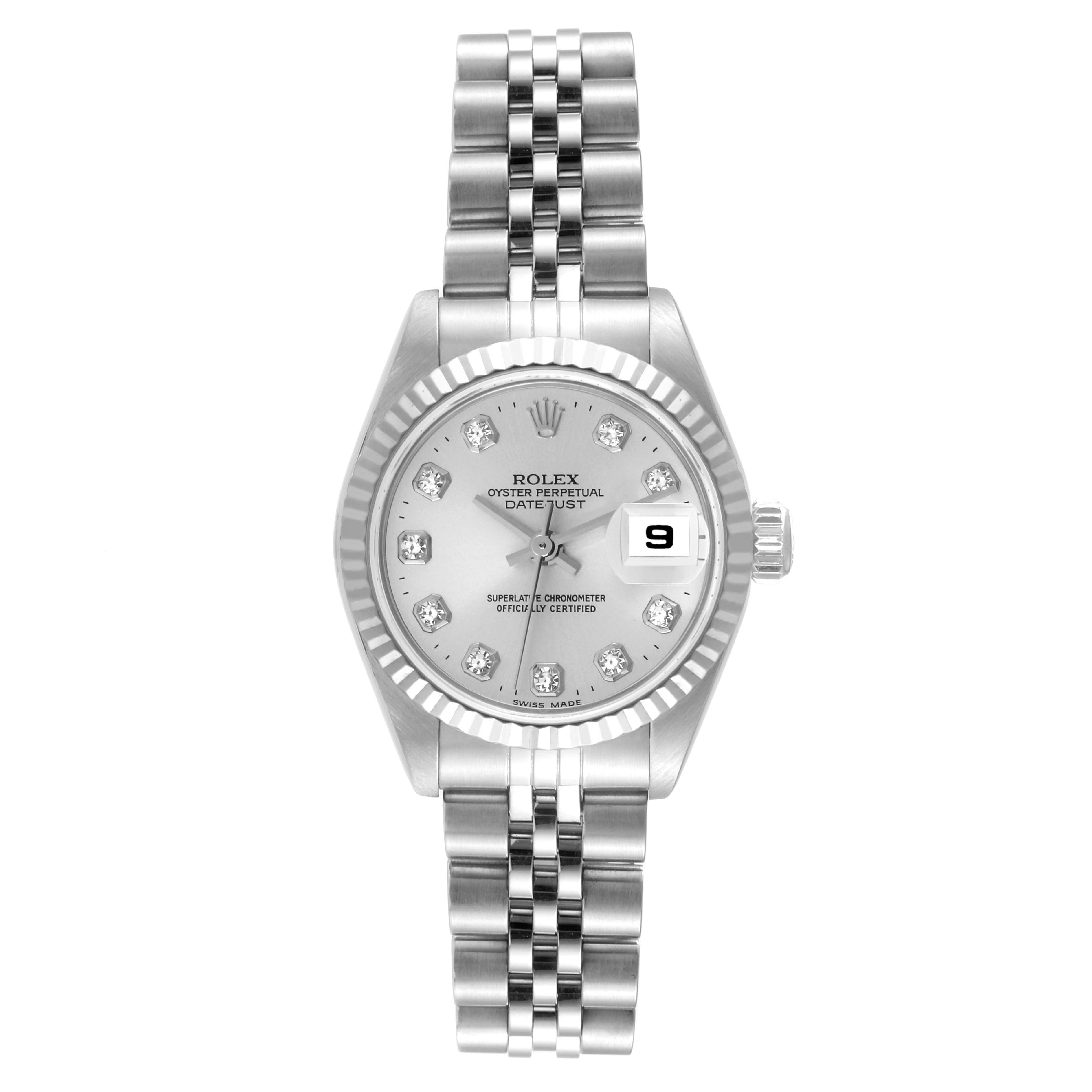 The image shows a Rolex Datejust 79174 Women's Stainless Steel Silver Dial 79174 Women's Stainless Steel Silver Dial watch from a top-down angle, displaying the dial, bezel, and bracelet.
