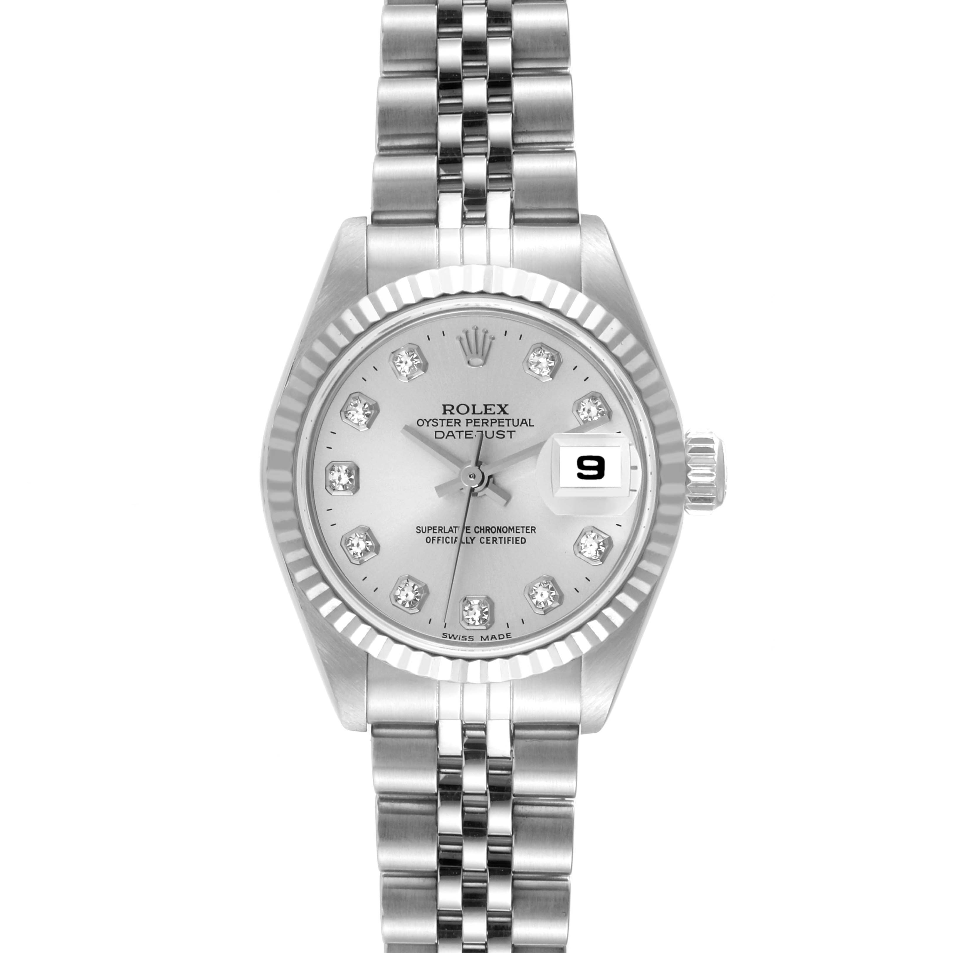 This is a front view of the Rolex Datejust 79174 Women's Stainless Steel Silver Dial 79174 Women's Stainless Steel Silver Dial watch displaying its face, bezel, and bracelet.
