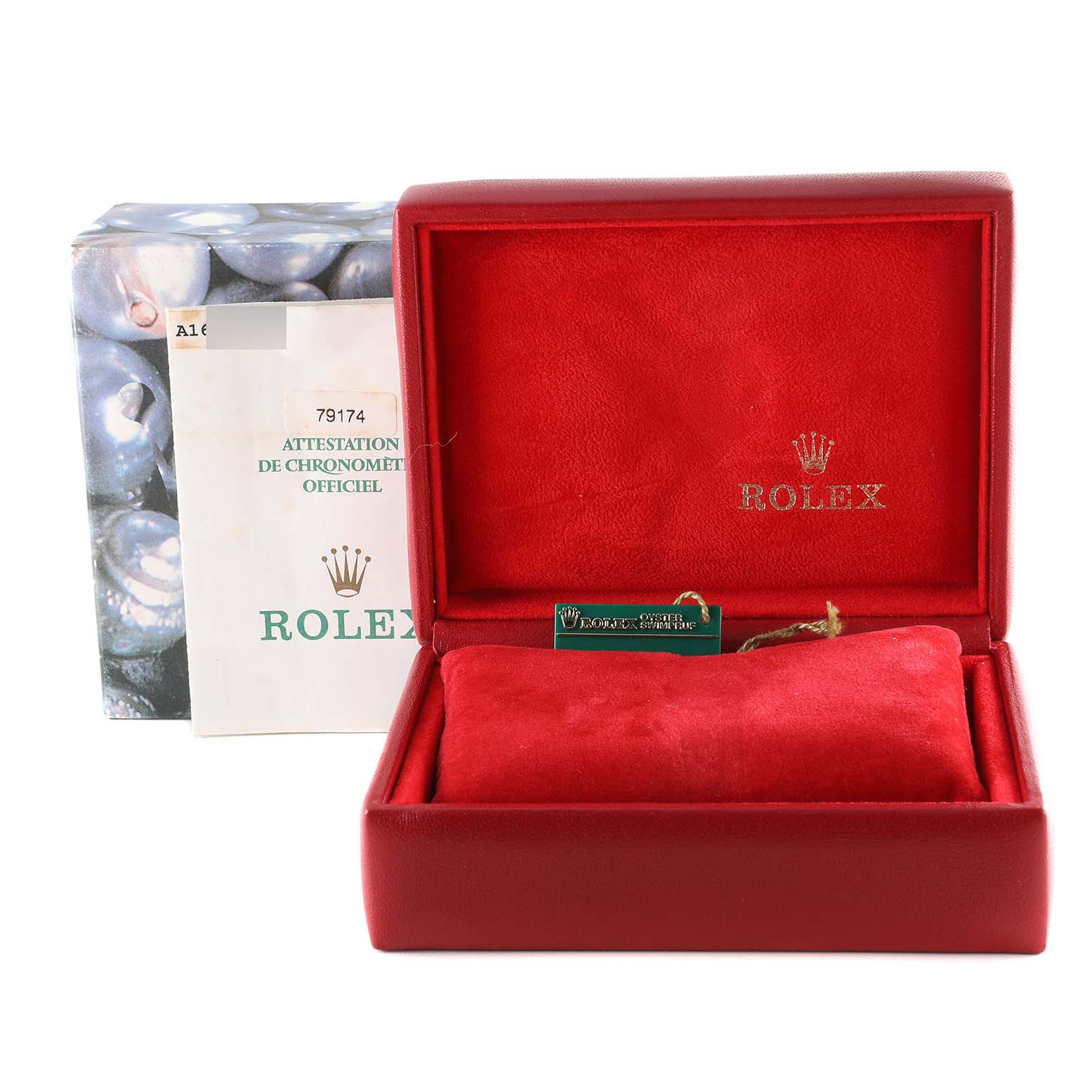 The image shows a Rolex Datejust 79174 Women's Stainless Steel Silver Dial 79174 Women's Stainless Steel Silver Dial model box and accessories, including red casing, certification papers, and a hang tag.