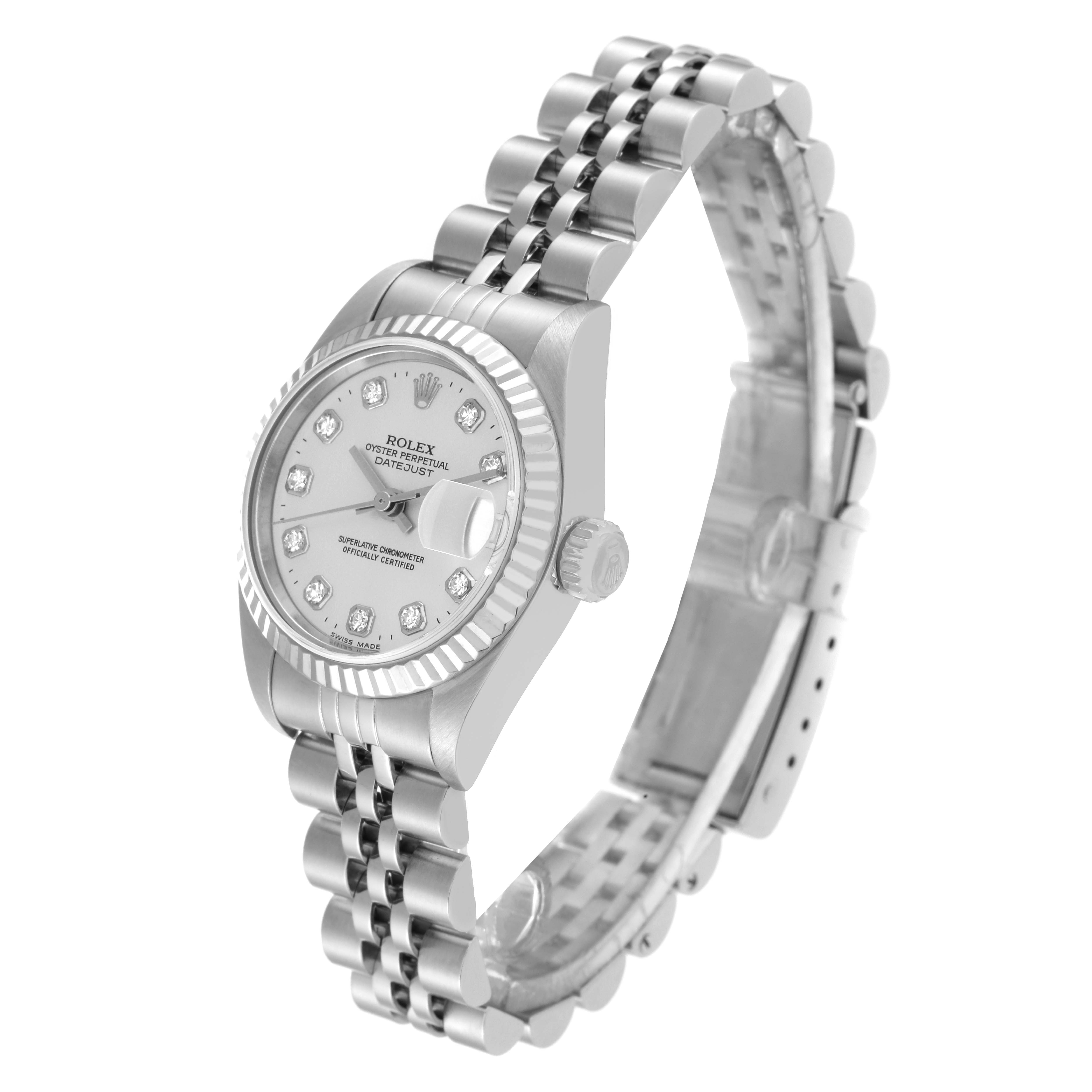 This image shows a Rolex Datejust 79174 Women's Stainless Steel Silver Dial 79174 Women's Stainless Steel Silver Dial watch from a slightly tilted side angle, highlighting its dial, bezel, and bracelet.