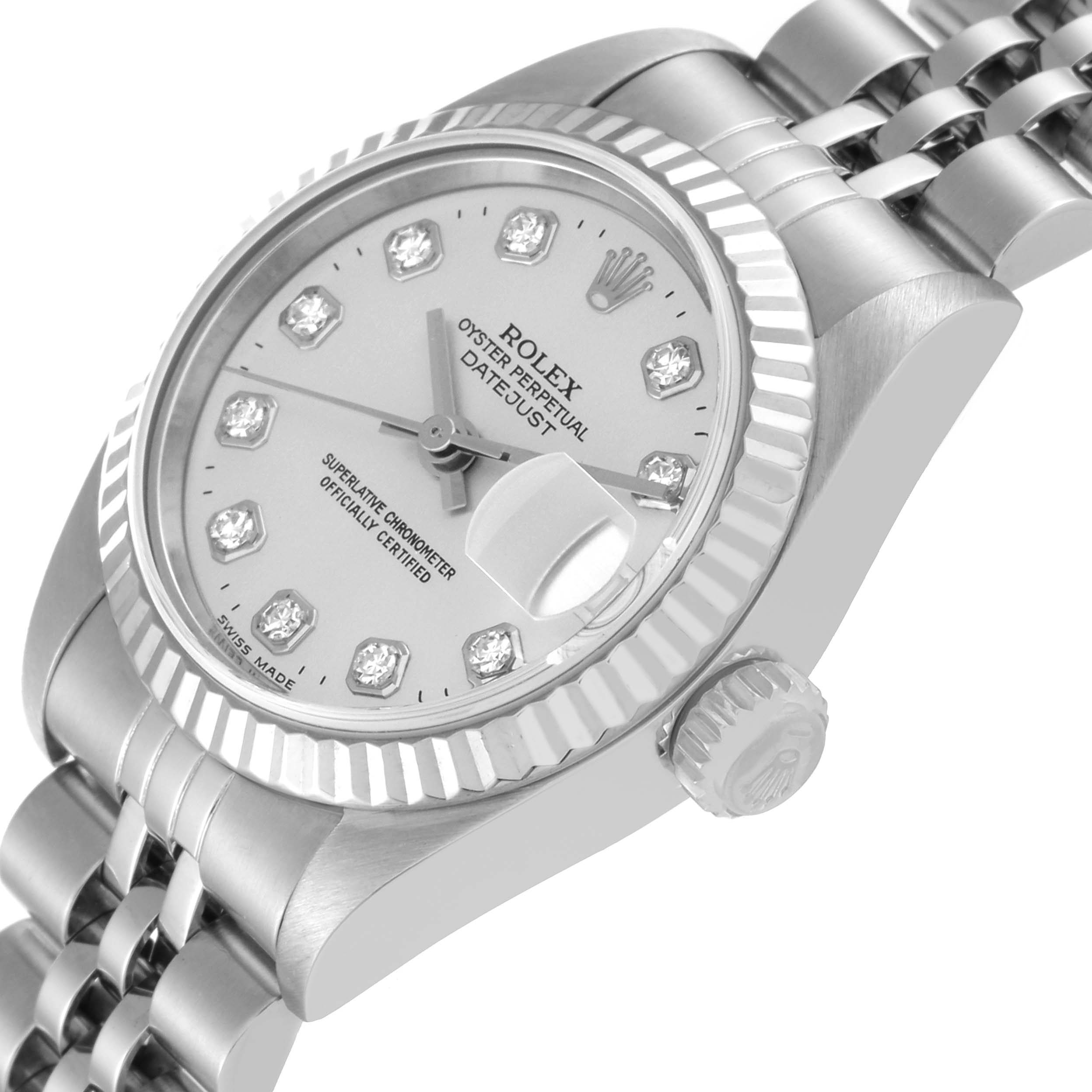 The image shows a close-up angle of the Rolex Datejust 79174 Women's Stainless Steel Silver Dial 79174 Women's Stainless Steel Silver Dial watch highlighting the dial, bezel, crown, and part of the bracelet.