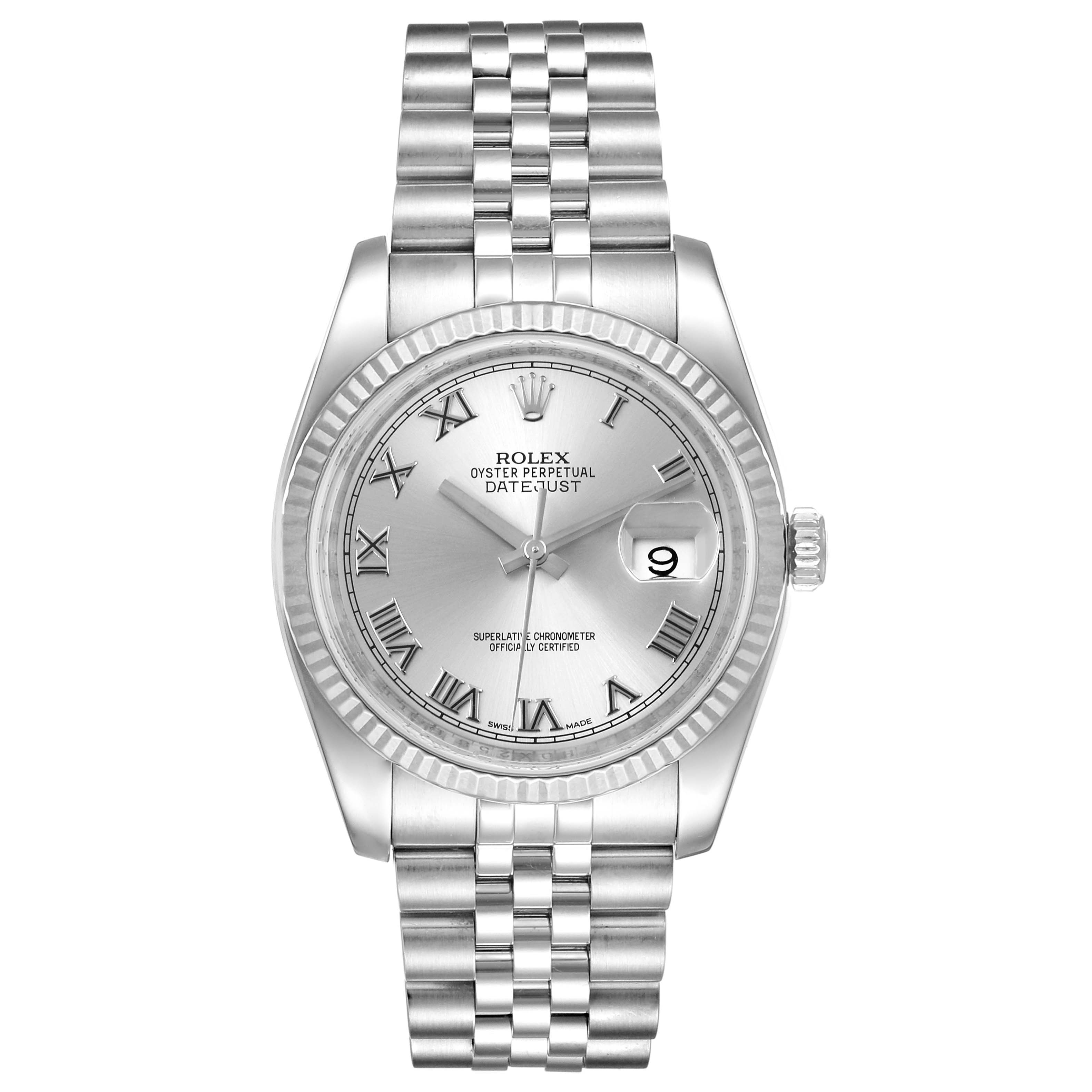This image shows a front angle view of the Rolex Datejust 116234 Men's Stainless Steel Silver Dial 116234 Men's Stainless Steel Silver Dial watch, highlighting its dial, bezel, and bracelet.