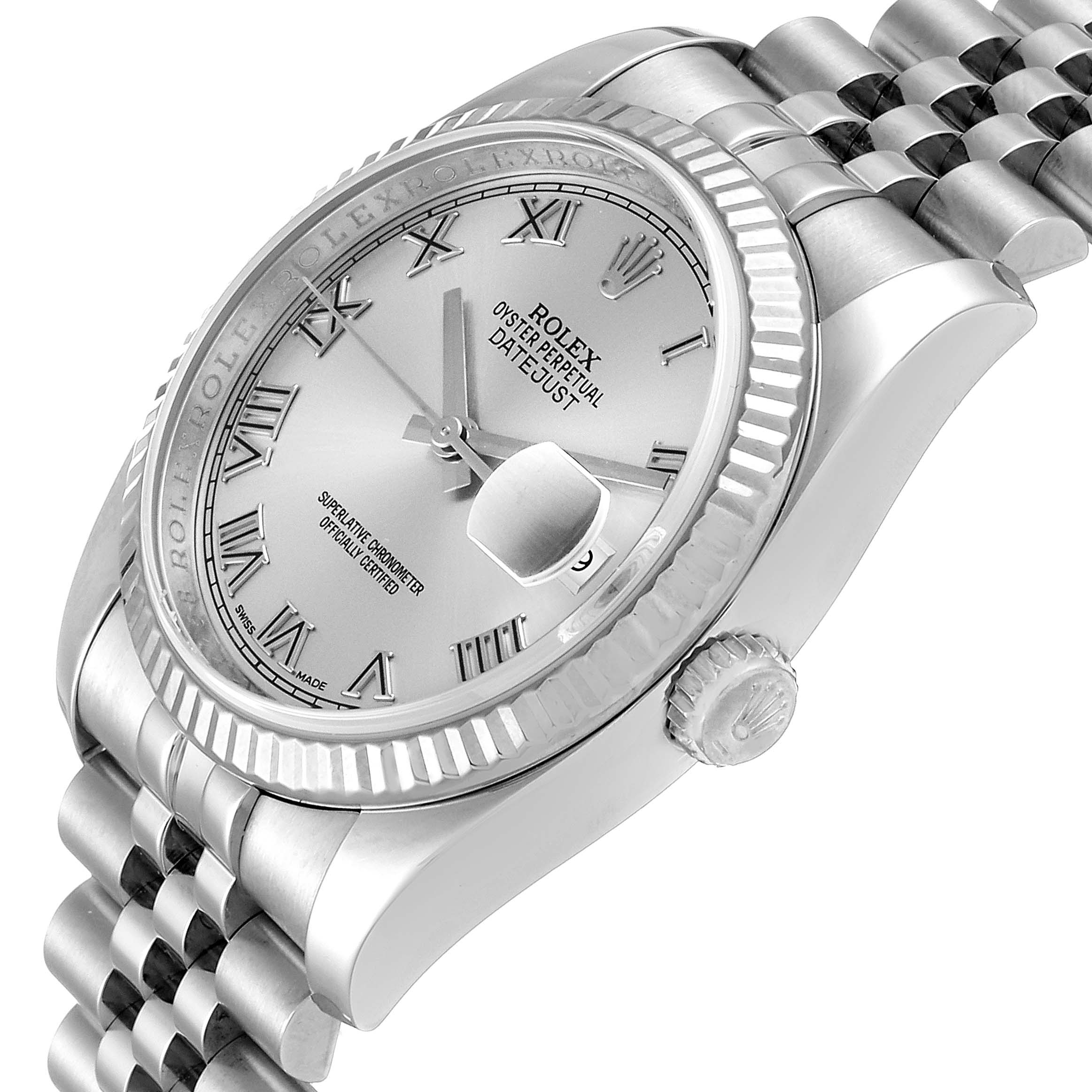 This image shows a close-up view of the Rolex Datejust 116234 Men's Stainless Steel Silver Dial 116234 Men's Stainless Steel Silver Dial, highlighting the face, bezel, crown, and part of the bracelet.