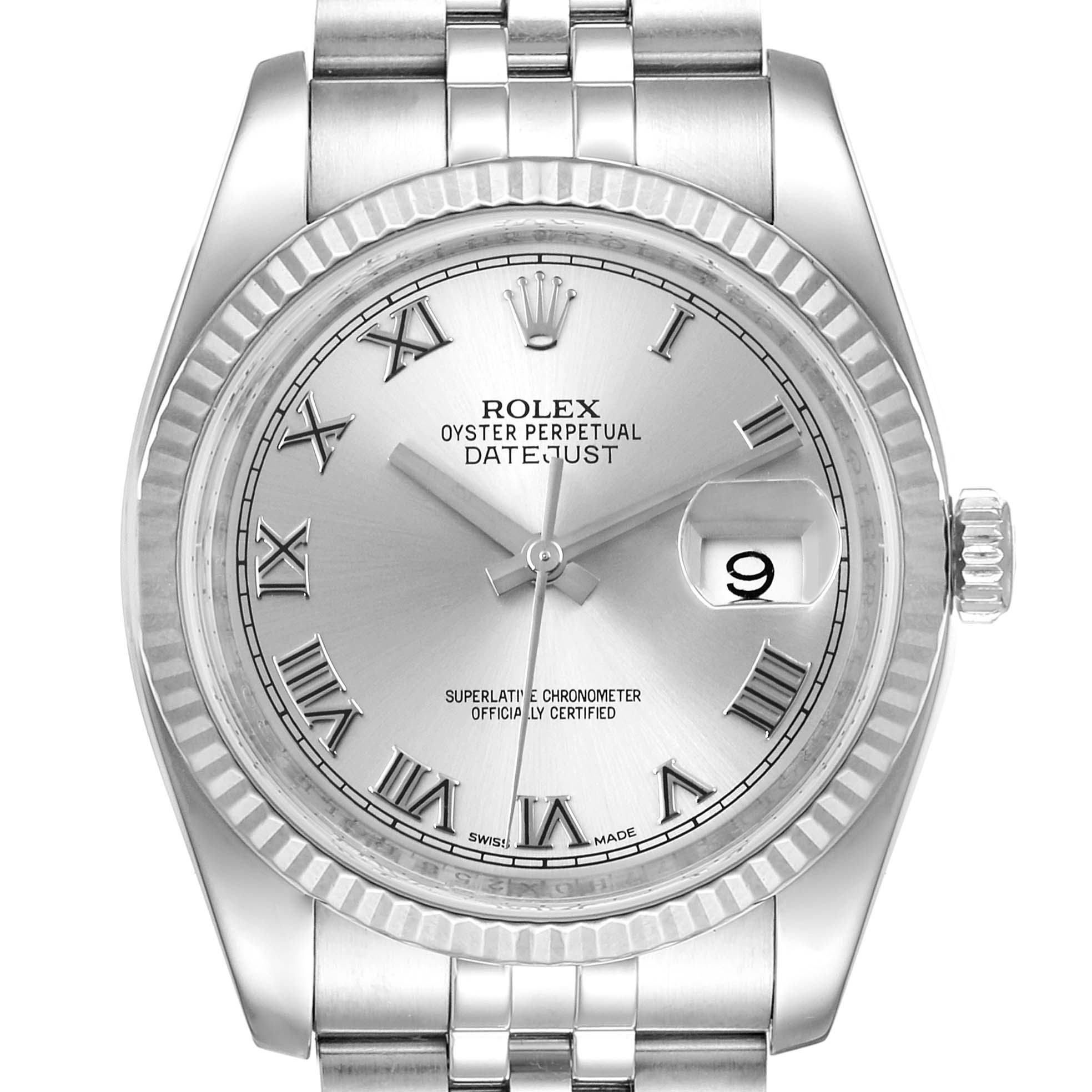 The image shows a frontal view of a Rolex Datejust 116234 Men's Stainless Steel Silver Dial 116234 Men's Stainless Steel Silver Dial watch, highlighting the dial, bezel, and part of the bracelet.