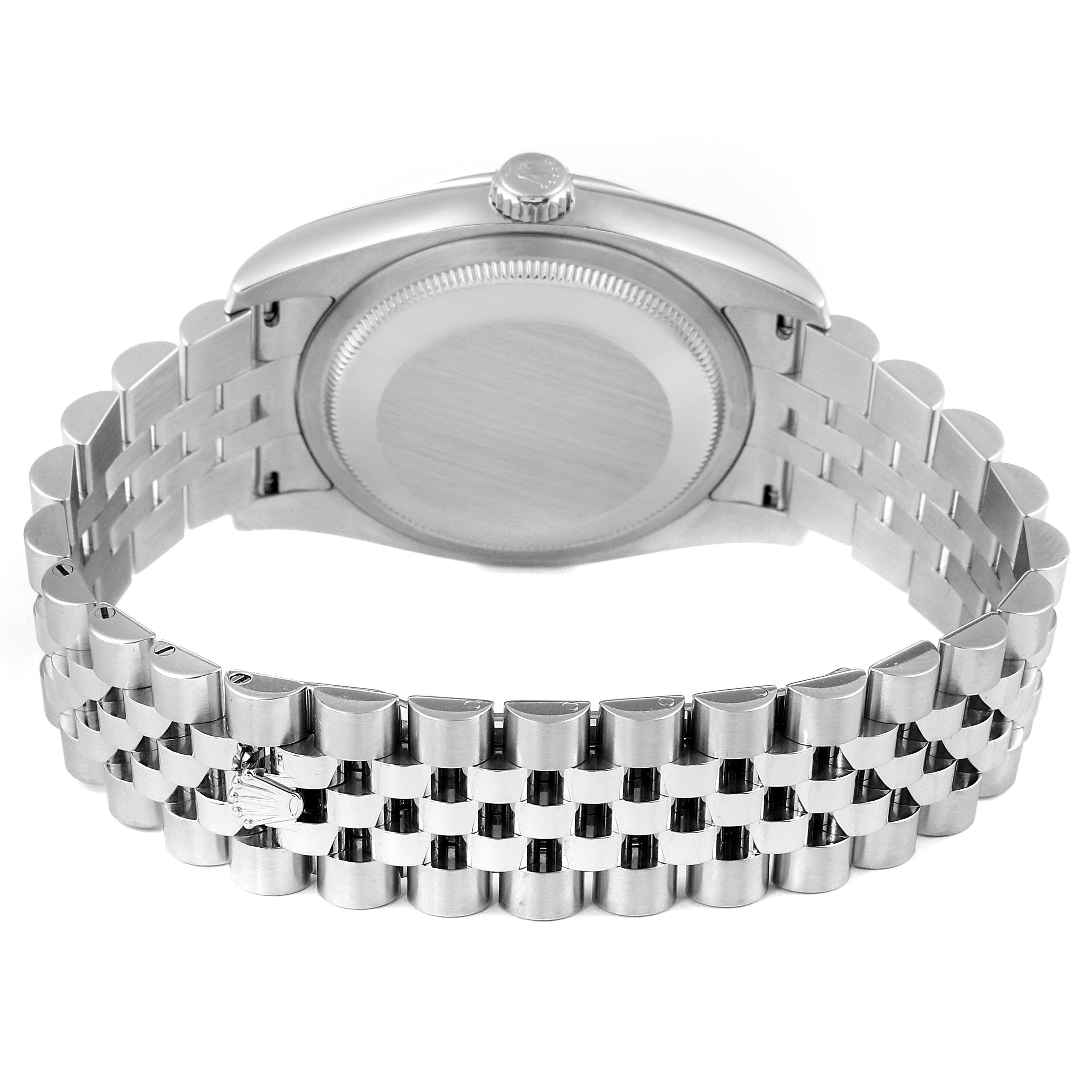 This image shows the back view of a Rolex Datejust 116234 Men's Stainless Steel Silver Dial 116234 Men's Stainless Steel Silver Dial watch, highlighting its case, crown, and Jubilee bracelet.