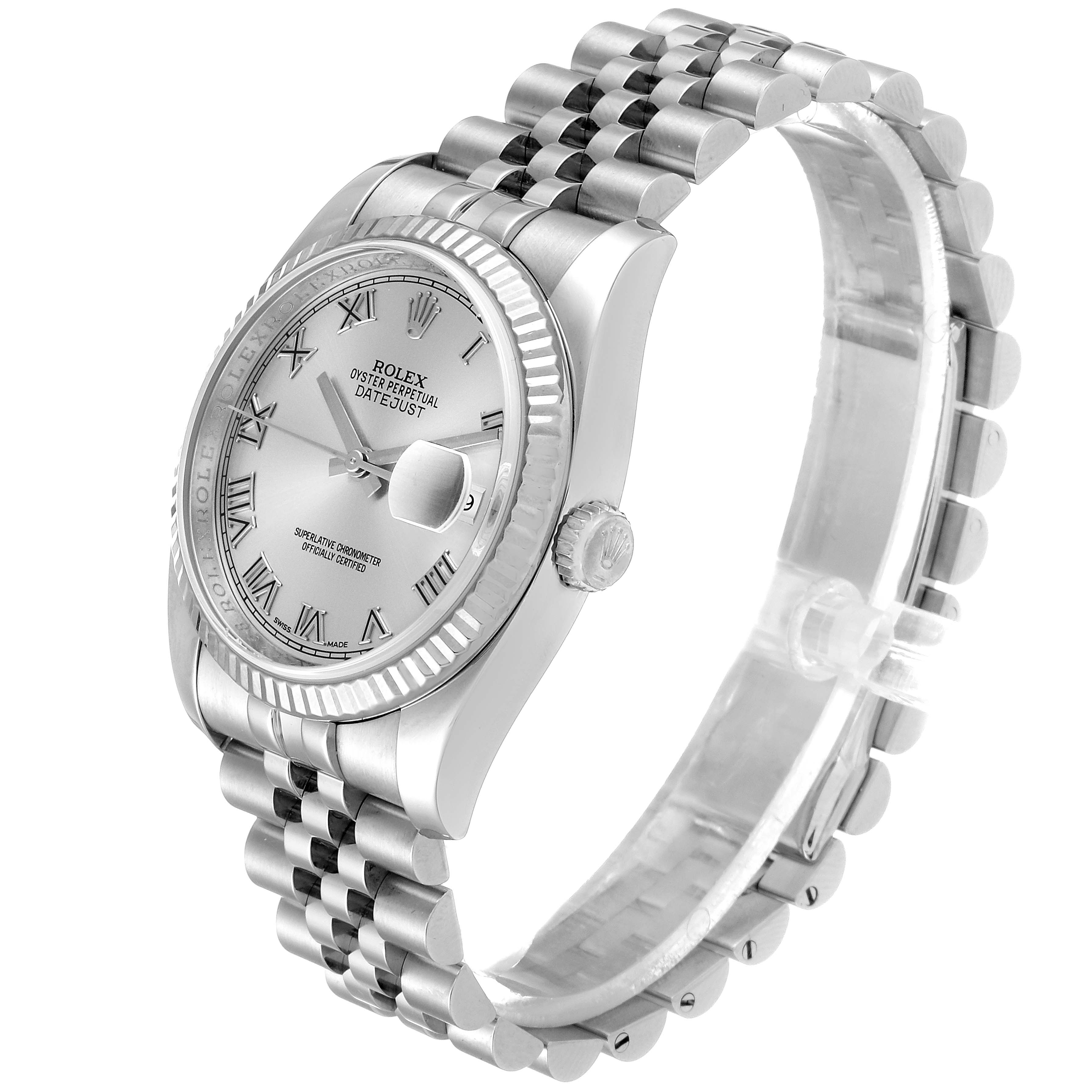 This image shows a Rolex Datejust 116234 Men's Stainless Steel Silver Dial 116234 Men's Stainless Steel Silver Dial model watch at a three-quarter angle, displaying its face, case, bezel, crown, and bracelet.