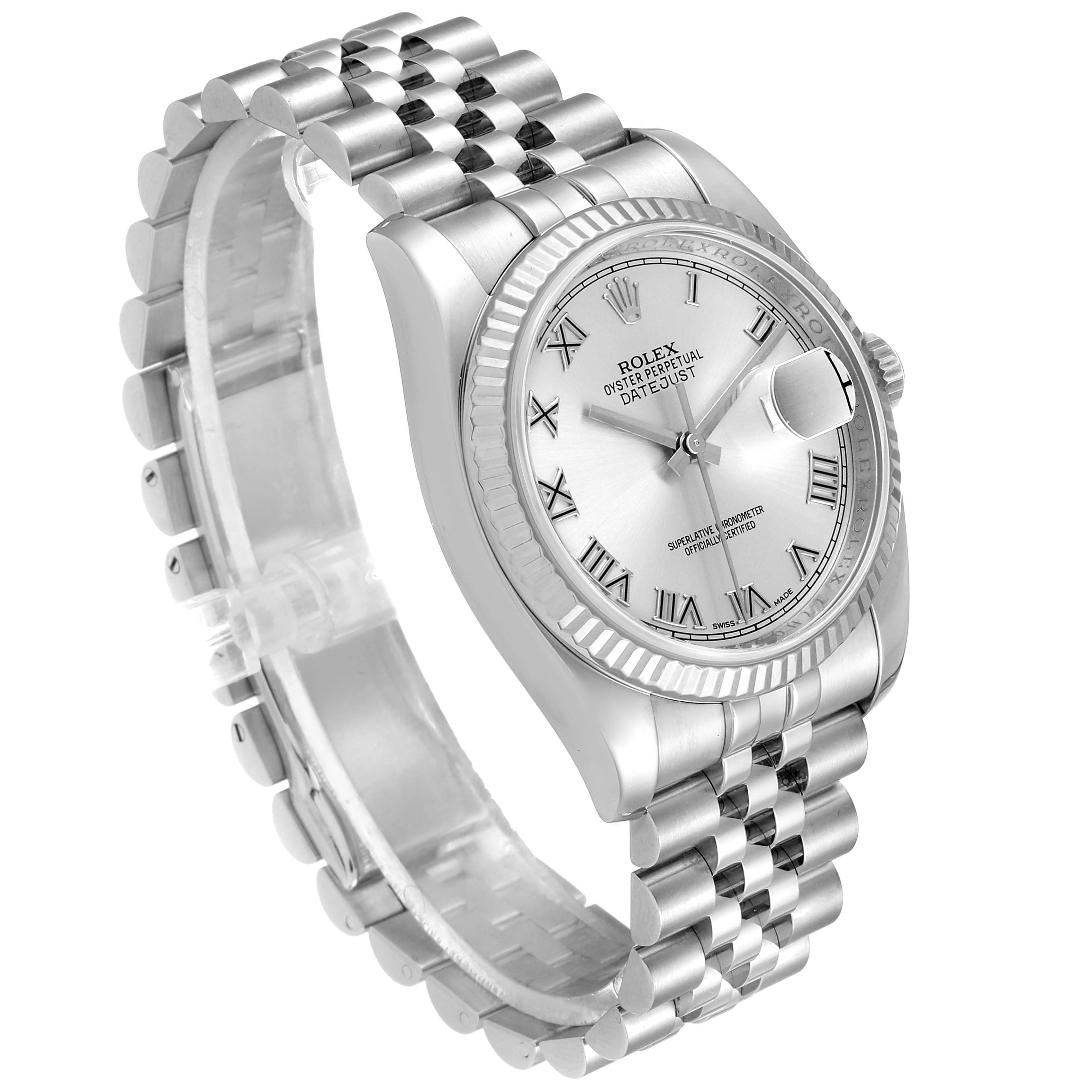 The image shows a Rolex Datejust 116234 Men's Stainless Steel Silver Dial 116234 Men's Stainless Steel Silver Dial watch at a three-quarter angle, displaying its dial, bracelet, and fluted bezel.