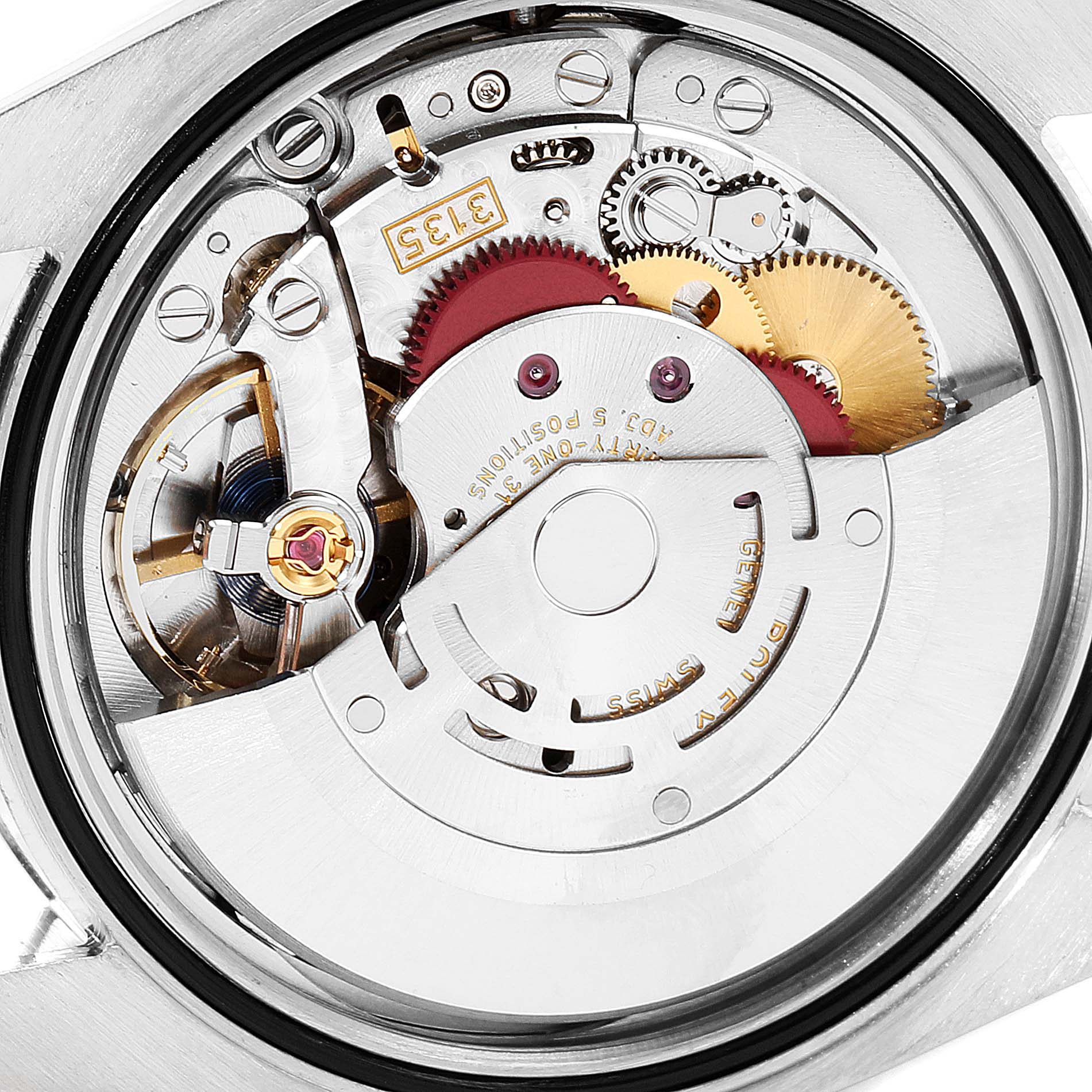 The image shows a close-up view of the movement and internal mechanisms of a Rolex Datejust 116234 Men's Stainless Steel Silver Dial 116234 Men's Stainless Steel Silver Dial watch.
