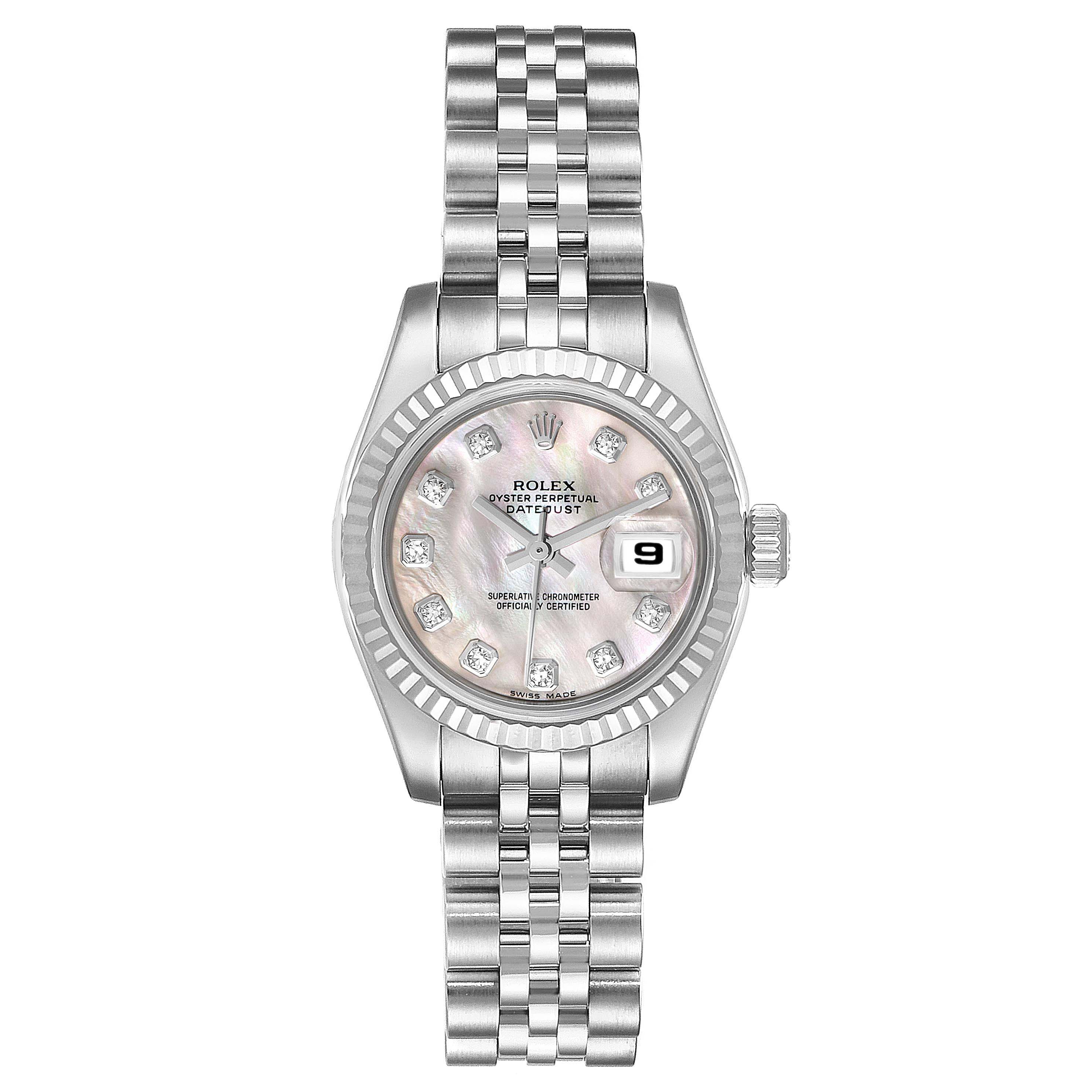 This image shows a front view of a Rolex Datejust 179174 Women's Stainless Steel Mother of Pearl Dial 179174 Women's Stainless Steel Mother of Pearl Dial watch displaying its dial, bezel, bracelet, and date window.