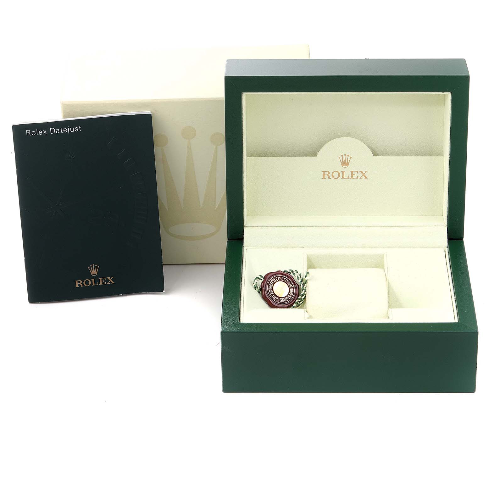 This image shows a Rolex Datejust 179174 Women's Stainless Steel Mother of Pearl Dial 179174 Women's Stainless Steel Mother of Pearl Dial watch box and booklet at eye level.