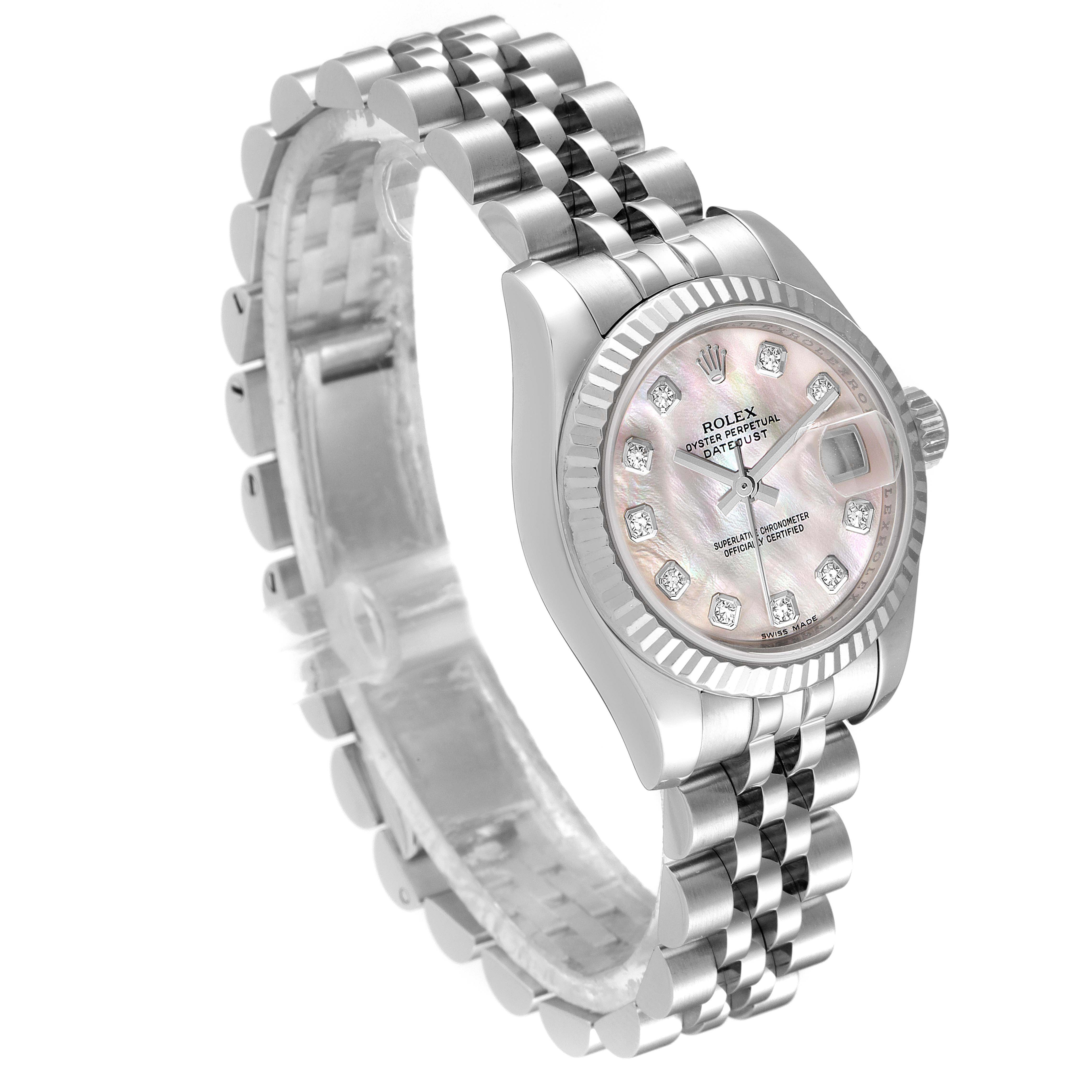 The image shows a Rolex Datejust 179174 Women's Stainless Steel Mother of Pearl Dial 179174 Women's Stainless Steel Mother of Pearl Dial watch at an angled front view, highlighting the dial, bezel, and bracelet.