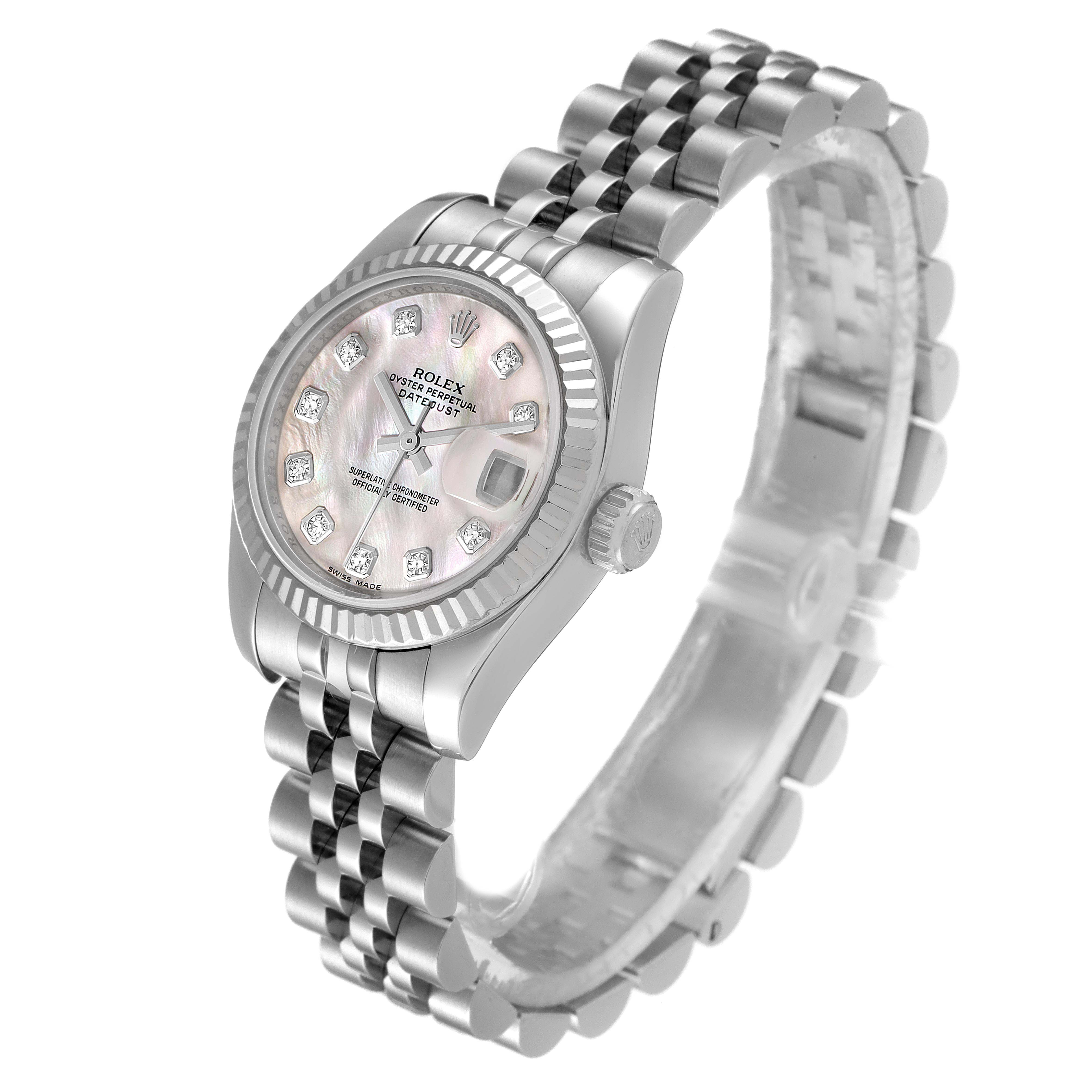 The Rolex Datejust 179174 Women's Stainless Steel Mother of Pearl Dial 179174 Women's Stainless Steel Mother of Pearl Dial model watch is shown at a slight angle, displaying the face, bezel, crown, and bracelet.