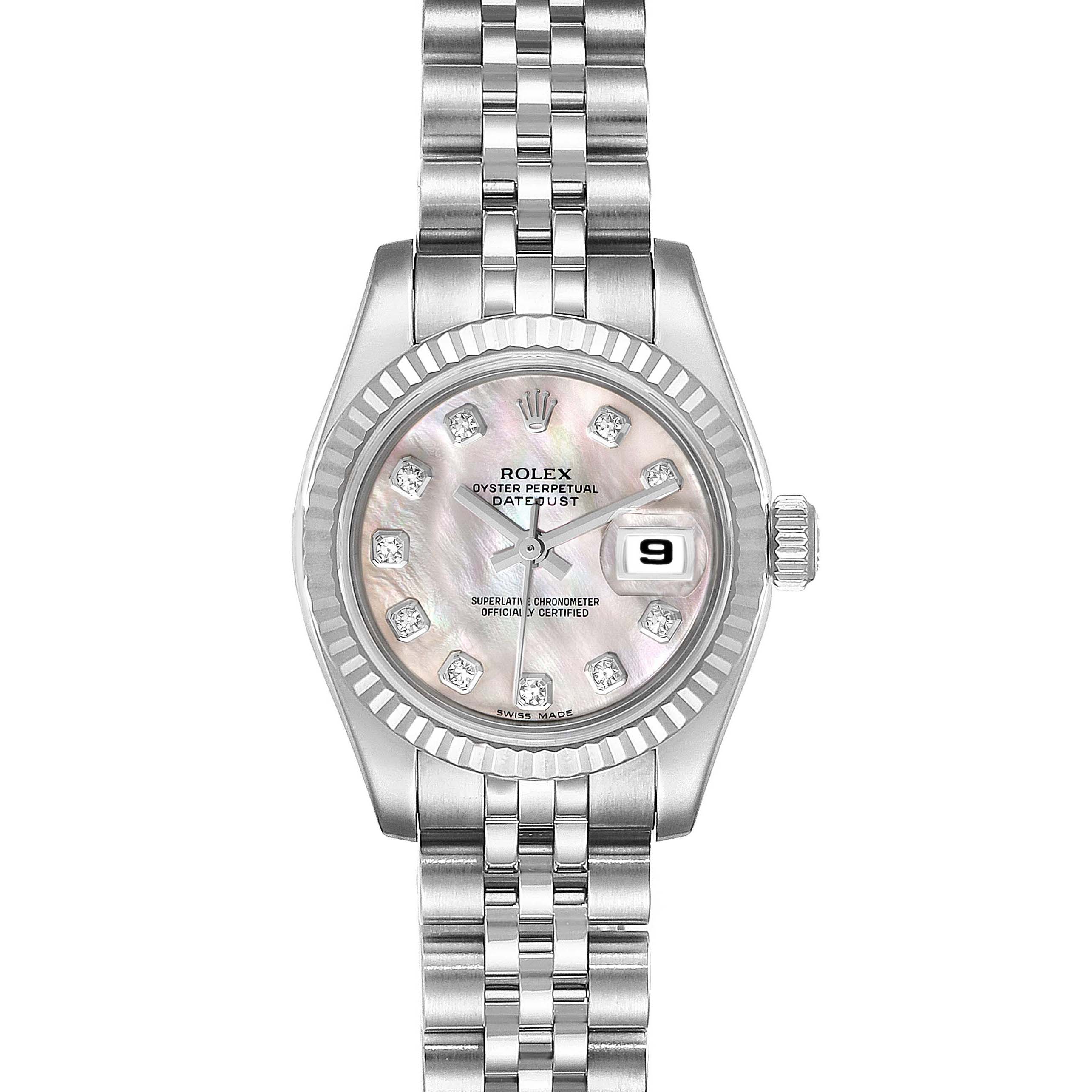The image shows a front view of the Rolex Datejust 179174 Women's Stainless Steel Mother of Pearl Dial 179174 Women's Stainless Steel Mother of Pearl Dial watch, highlighting the face, crown, and bracelet.