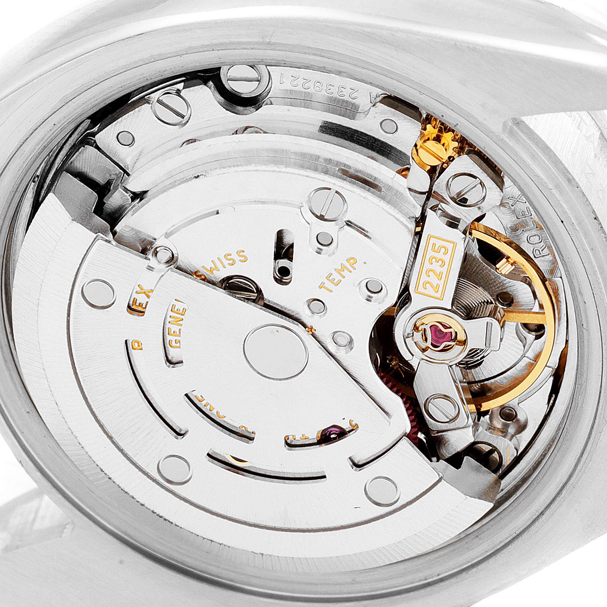 This image shows an internal view of the Rolex Datejust 179174 Women's Stainless Steel Mother of Pearl Dial 179174 Women's Stainless Steel Mother of Pearl Dial watch movement, including the balance wheel and various gears.