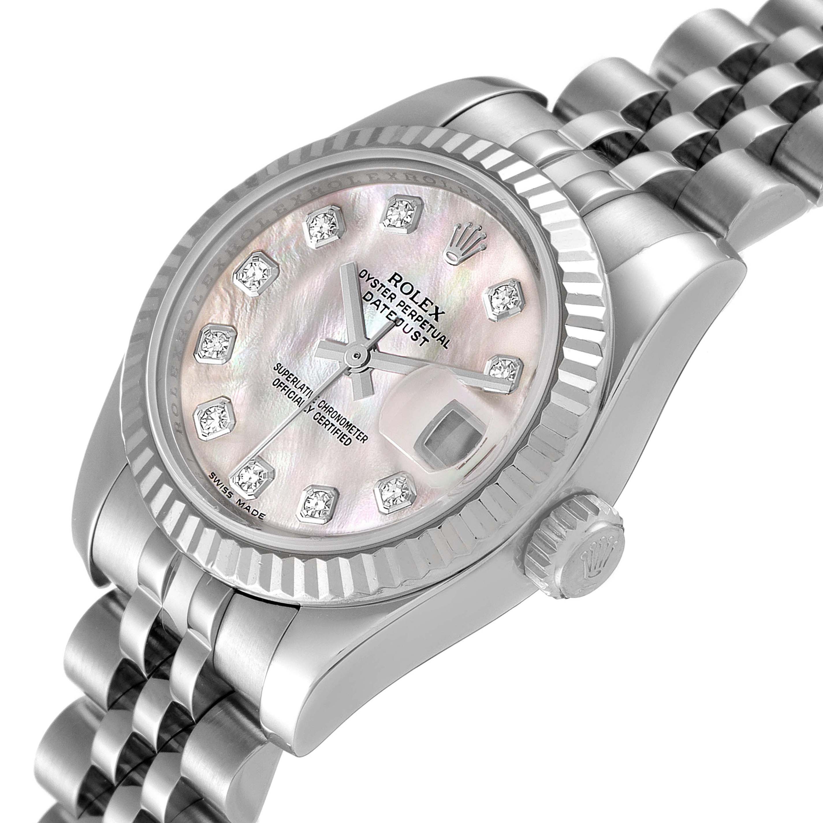 This image shows a close-up angle of the Rolex Datejust 179174 Women's Stainless Steel Mother of Pearl Dial 179174 Women's Stainless Steel Mother of Pearl Dial watch, highlighting its dial, bracelet, and crown.