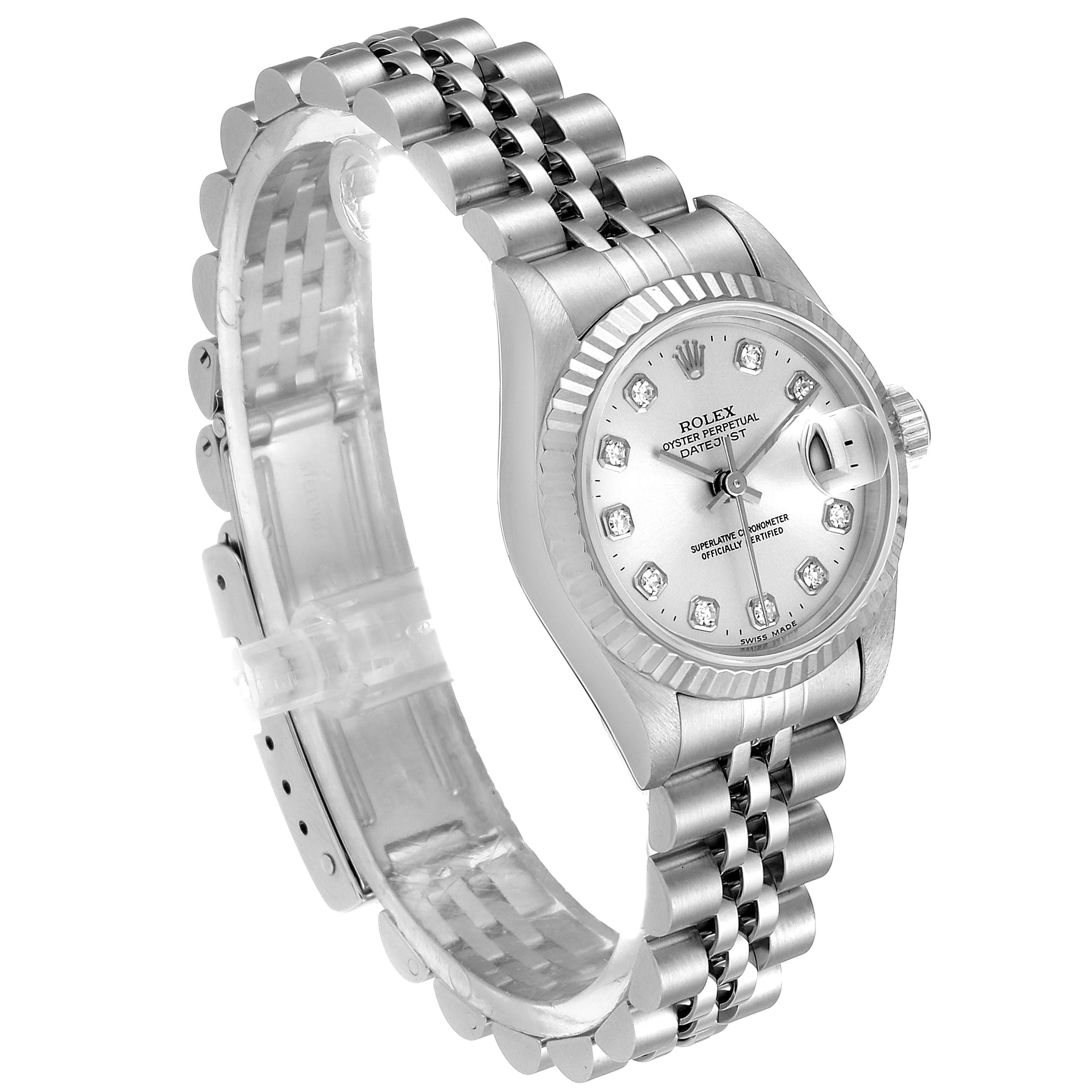 The Rolex Datejust 69174 Women
s Stainless Steel Silver Dial 69174 Women
s Stainless Steel Silver Dial watch is shown from a three-quarter angle, highlighting the face, bezel, and bracelet.
