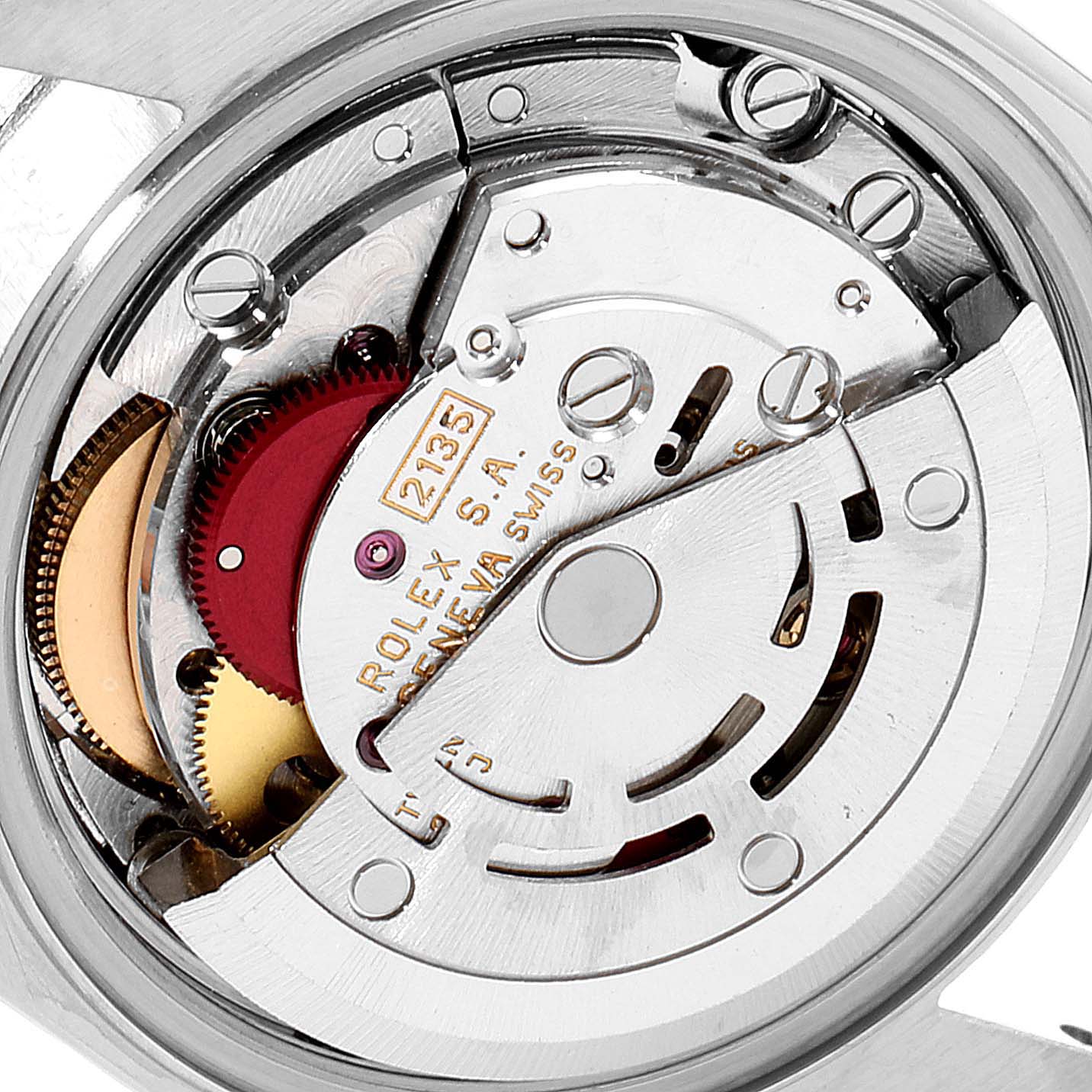 This close-up image shows the movement mechanism of the Rolex Datejust 69174 Women
s Stainless Steel Silver Dial 69174 Women
s Stainless Steel Silver Dial watch, revealing gears and the rotor.