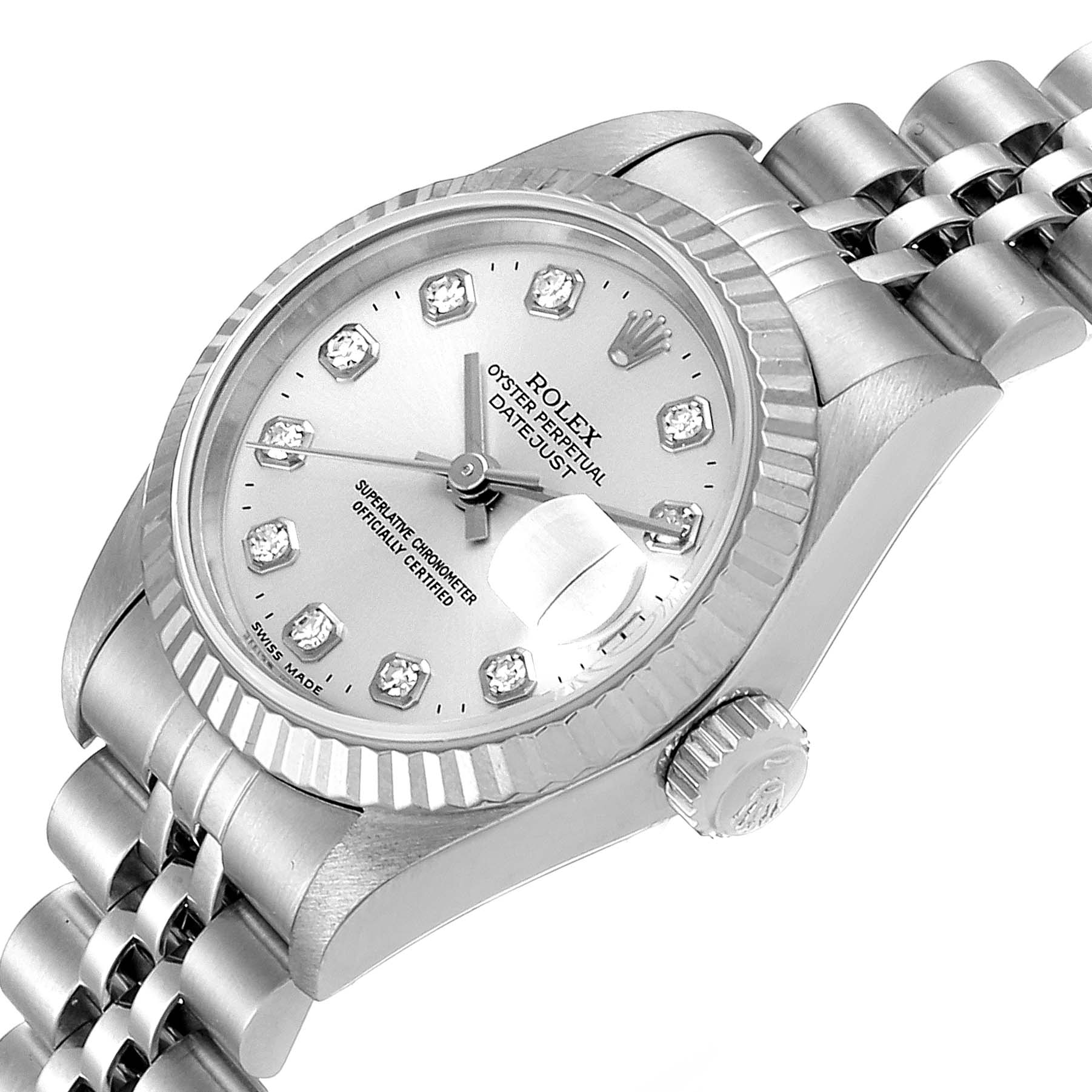 The Rolex Datejust 69174 Women
s Stainless Steel Silver Dial 69174 Women
s Stainless Steel Silver Dial watch is shown at a slight angle, displaying the face, crown, and part of the bracelet.