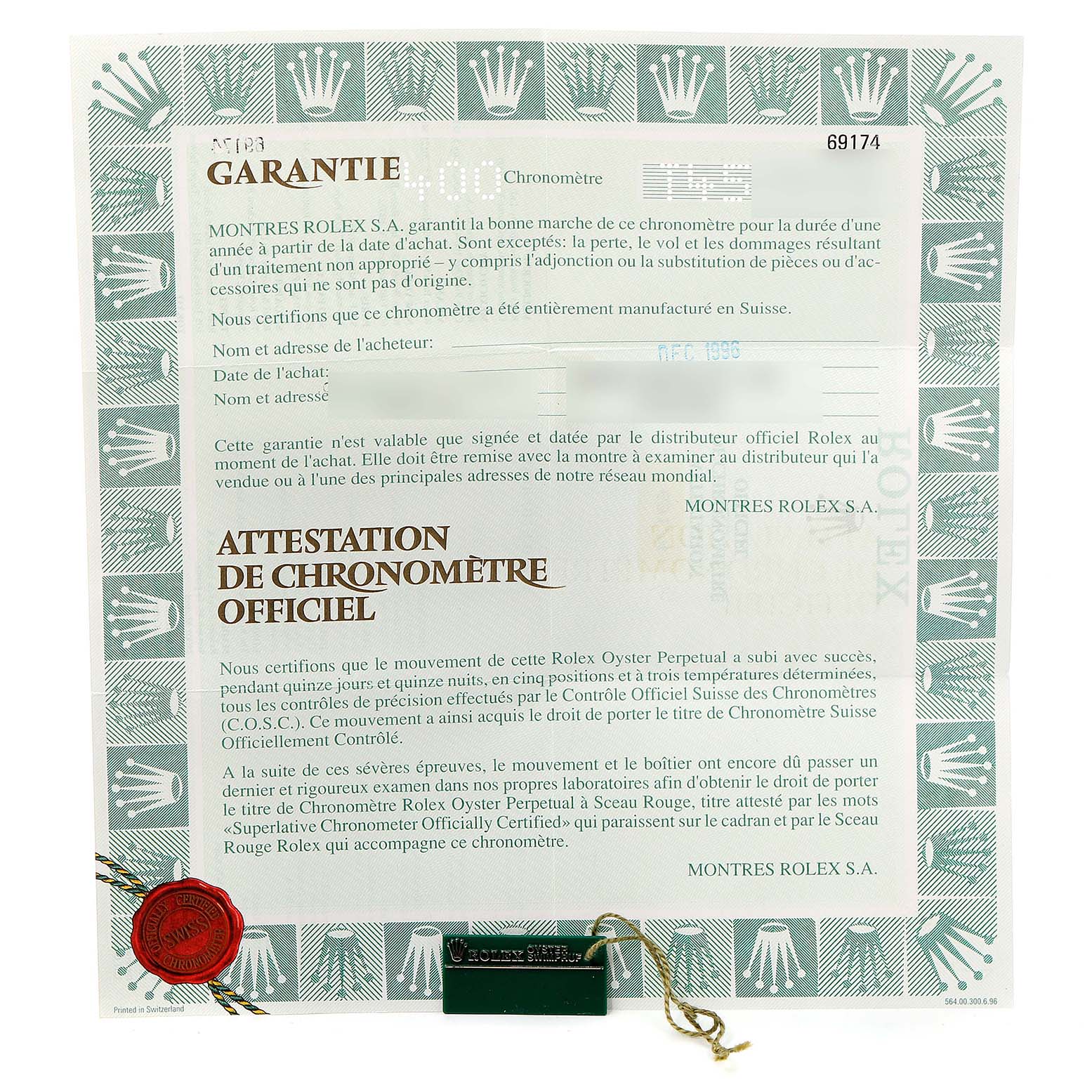 This image shows a warranty certificate for a Rolex Datejust 69174 Women
s Stainless Steel Silver Dial 69174 Women
s Stainless Steel Silver Dial model, with text and a red seal.