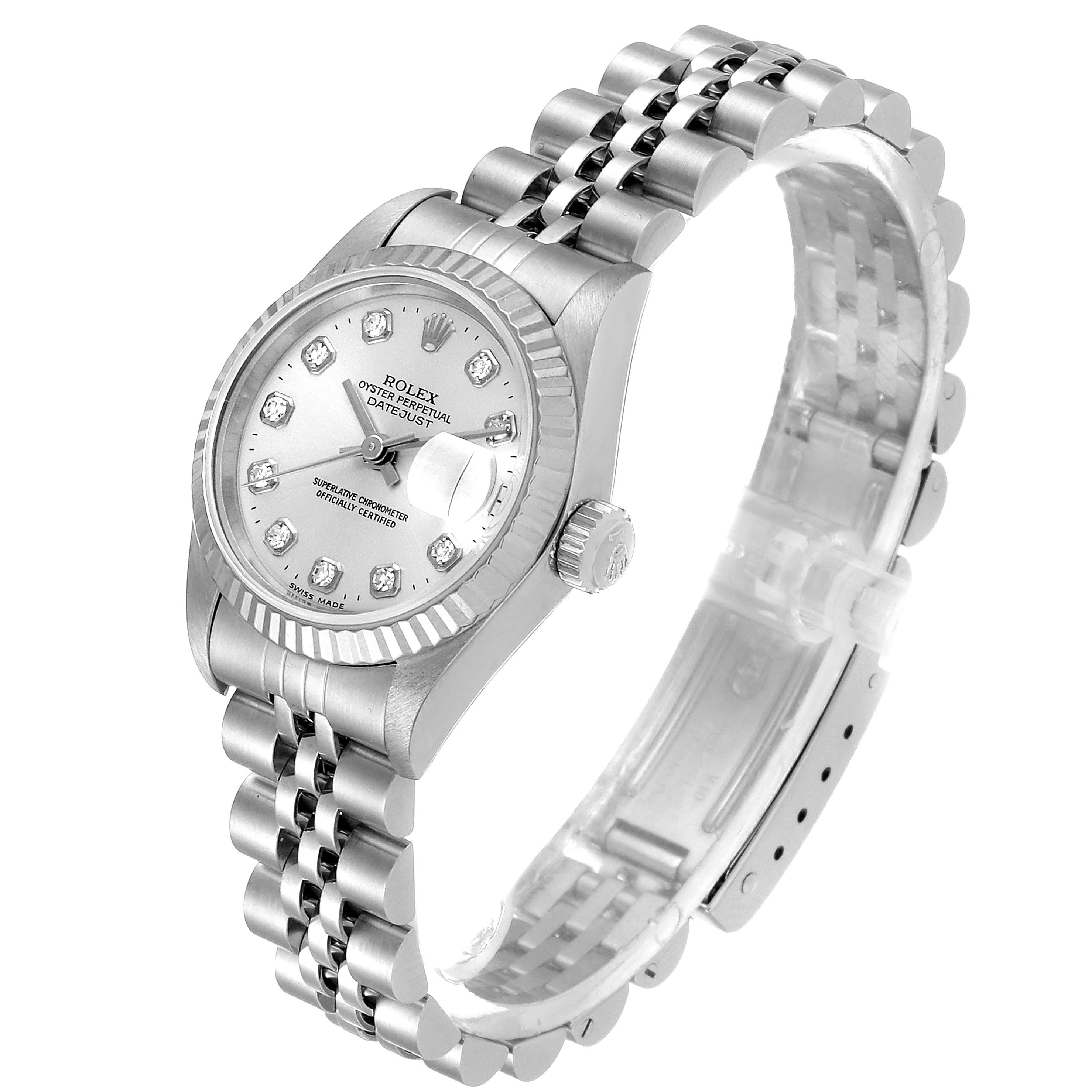 The image shows a Rolex Datejust 69174 Women
s Stainless Steel Silver Dial 69174 Women
s Stainless Steel Silver Dial watch at a three-quarter angle, highlighting its dial, bezel, crown, and bracelet.