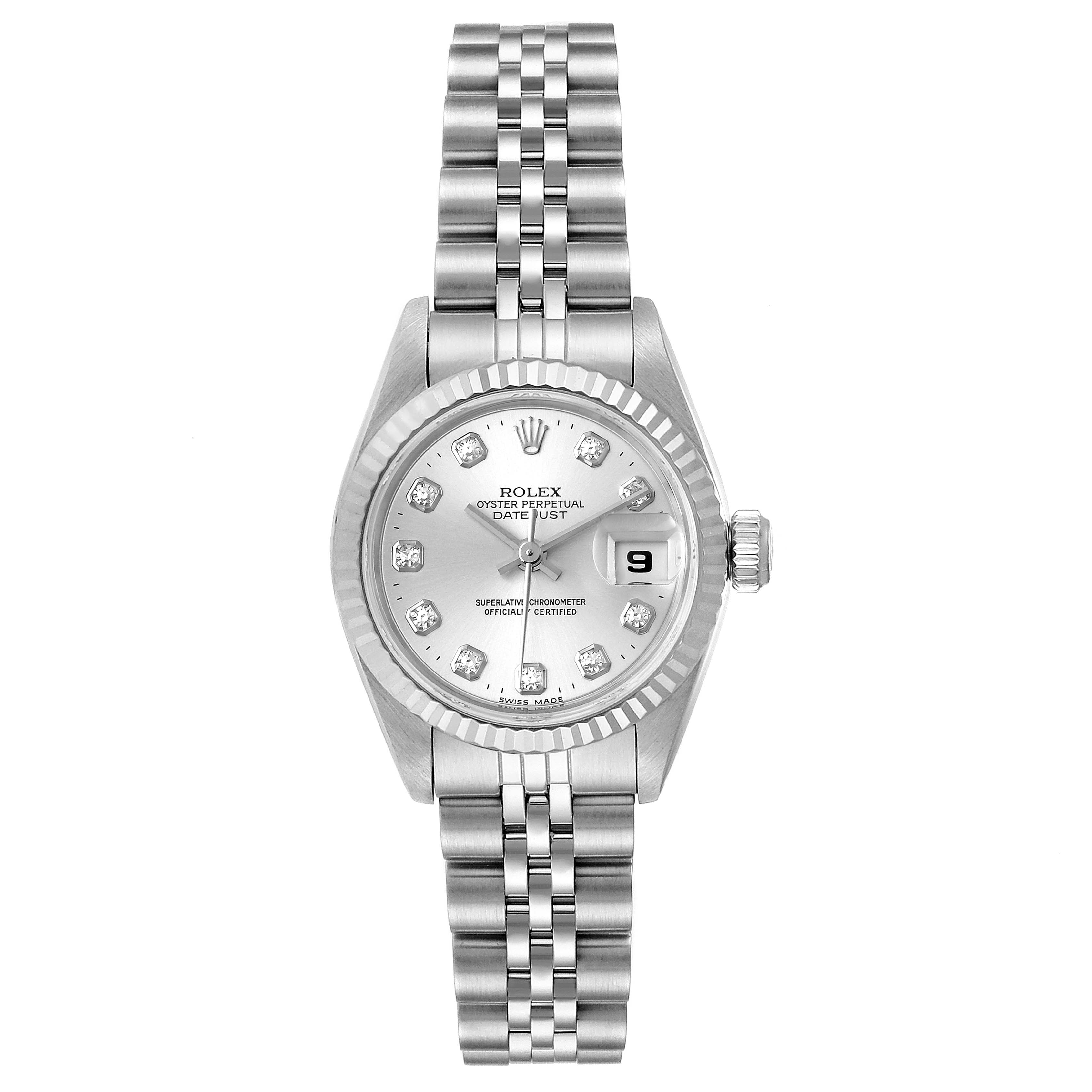 The image shows a top view of a Rolex Datejust 69174 Women
s Stainless Steel Silver Dial 69174 Women
s Stainless Steel Silver Dial watch, highlighting the dial, bezel, and bracelet.
