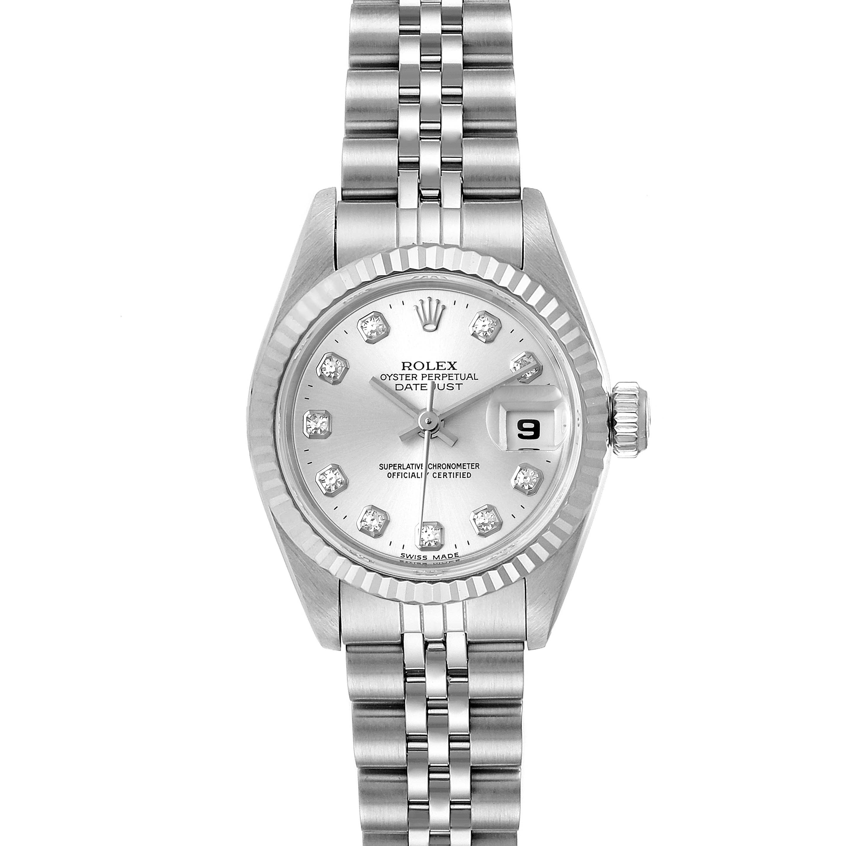 This image shows a front view of the Rolex Datejust 69174 Women
s Stainless Steel Silver Dial 69174 Women
s Stainless Steel Silver Dial watch, featuring its fluted bezel, jubilee bracelet, and diamond hour markers.