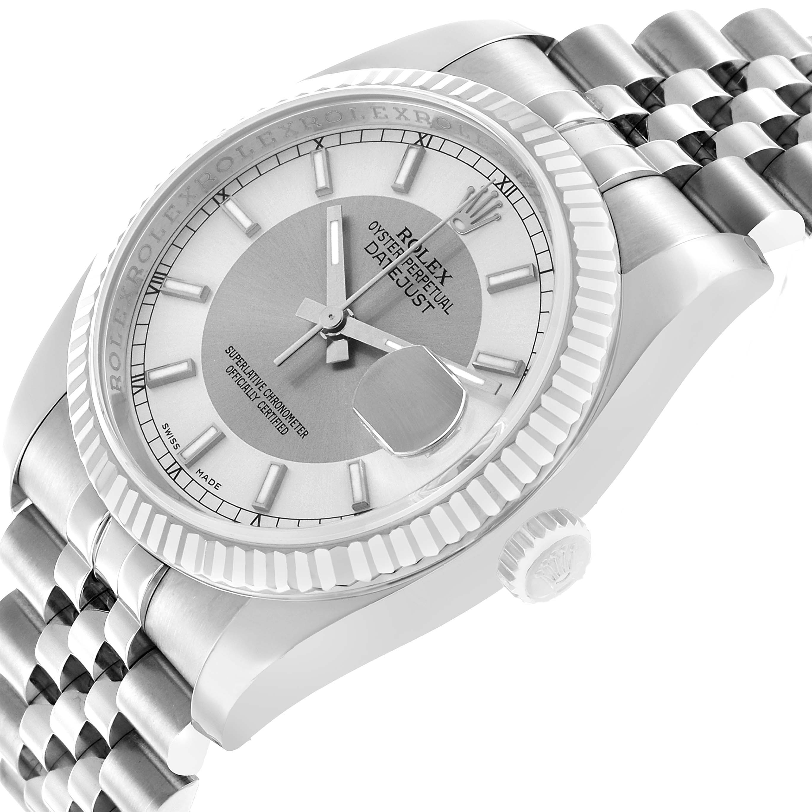 The Rolex Datejust 116234 Men's Stainless Steel Silver Dial watch is shown at a slight angle highlighting the face, bezel, crown, and part of the bracelet.