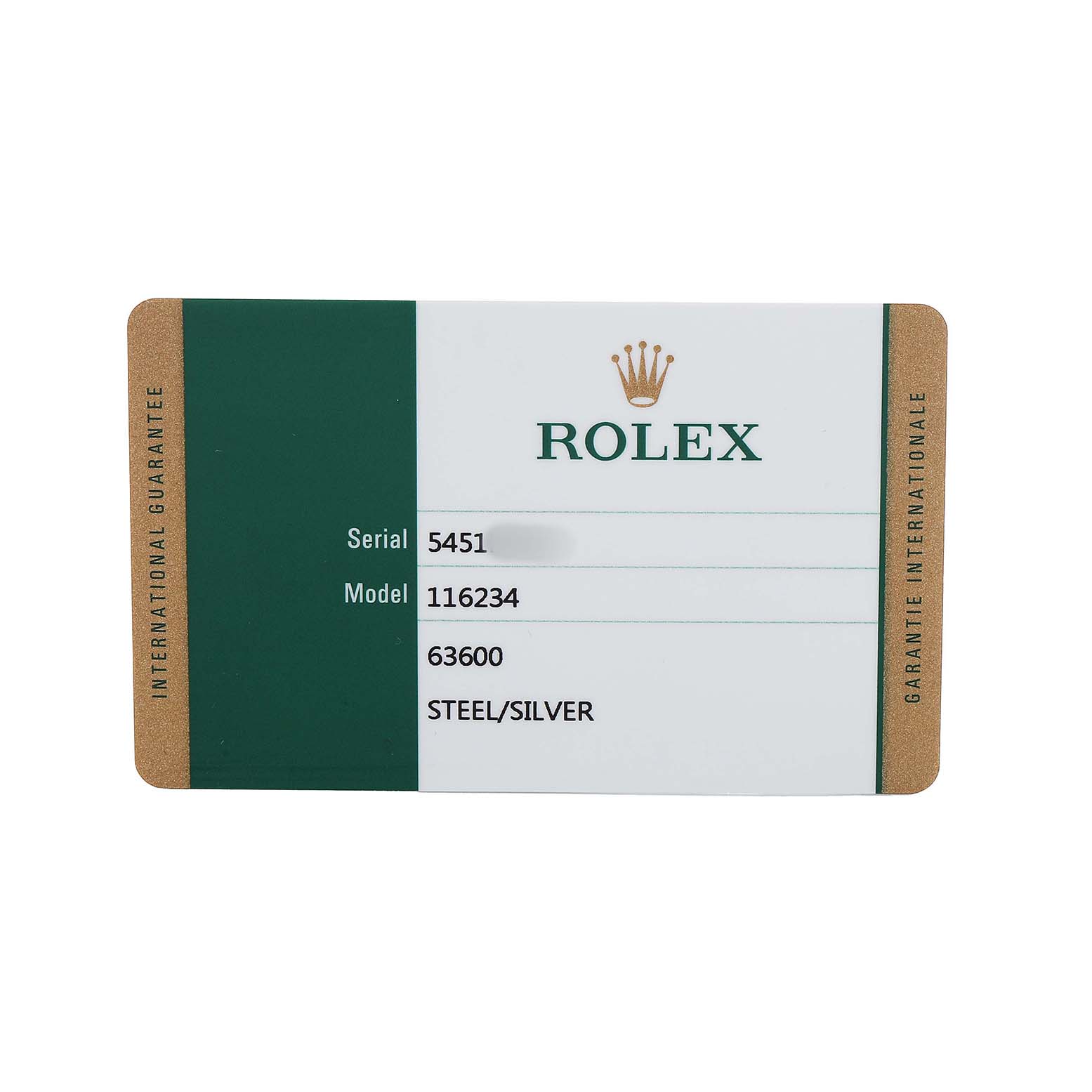 The image shows a Rolex Datejust 116234 Men's Stainless Steel Silver Dial model's international guarantee card from a top-down angle.