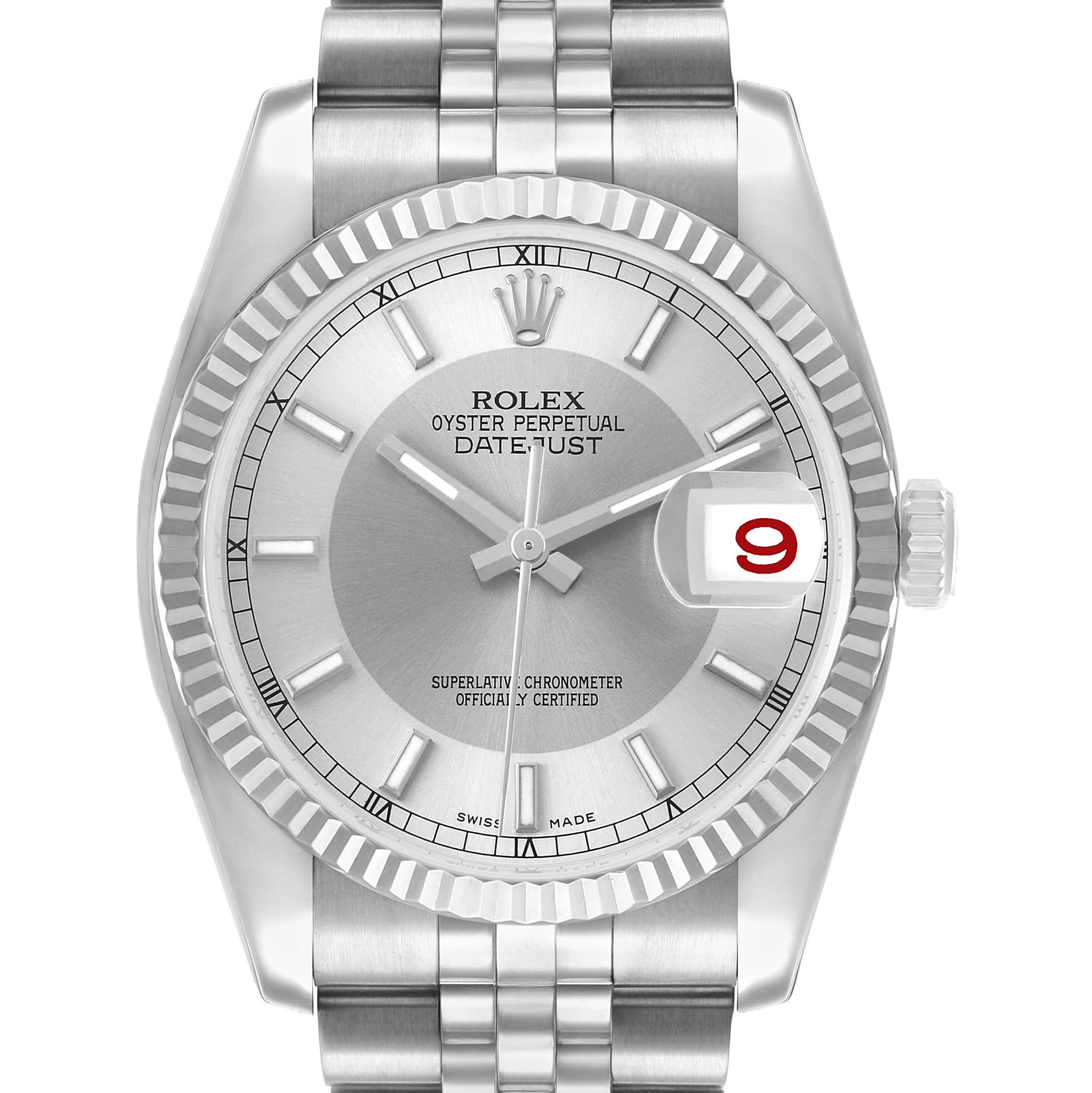 The Rolex Datejust 116234 Men's Stainless Steel Silver Dial watch is shown from a front angle, displaying the dial, bezel, and part of the bracelet.