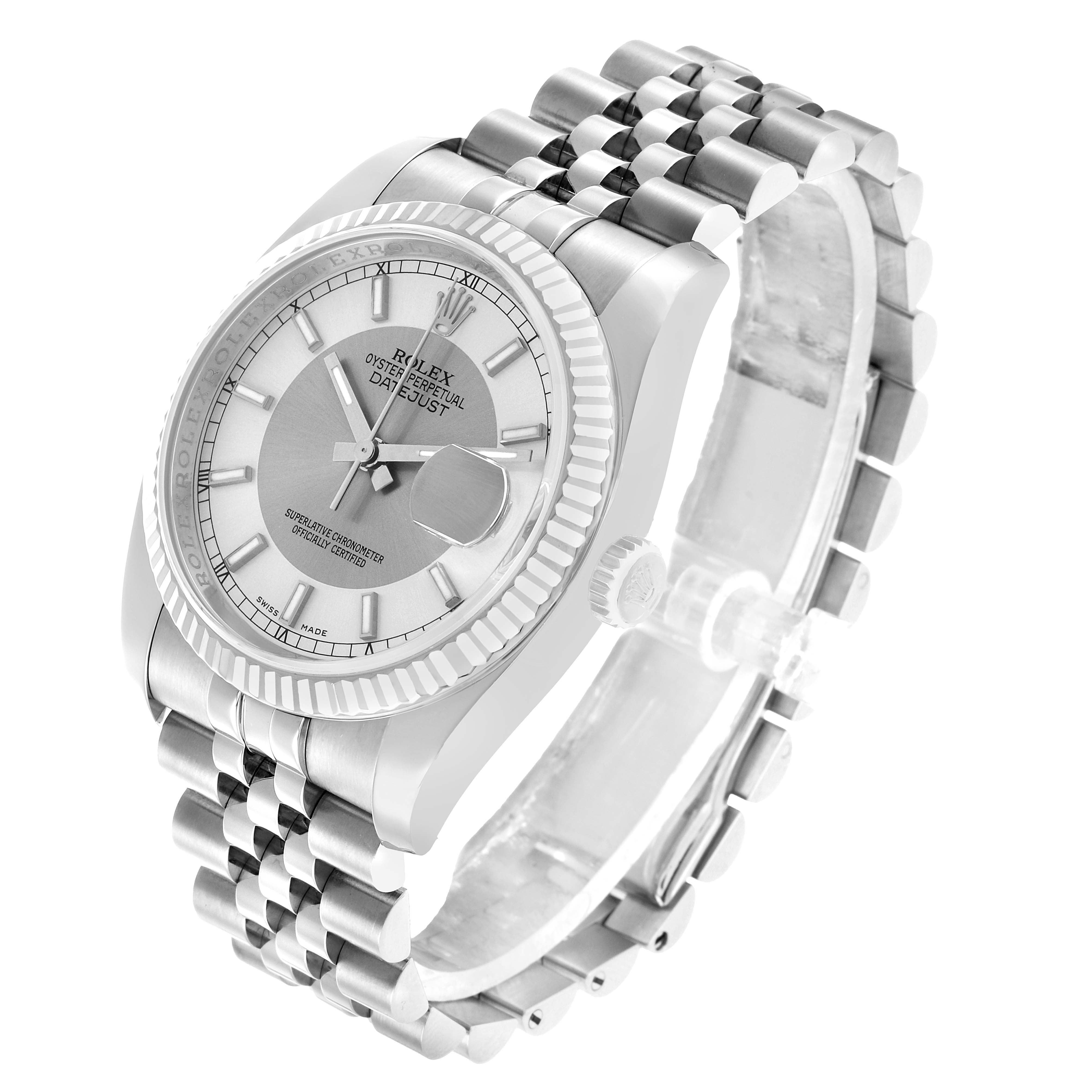 The Rolex Datejust 116234 Men's Stainless Steel Silver Dial watch is shown at an angled side view, featuring the face, bezel, crown, and Jubilee bracelet.