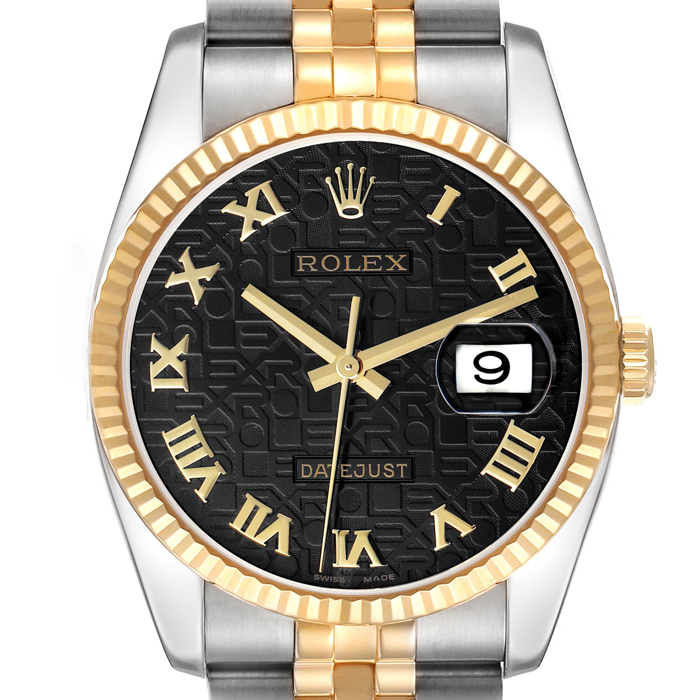 The Rolex Datejust 116233 Men's Steel and Gold (two tone) Black Dial watch is shown from a front view, highlighting the dial, bezel, and part of the bracelet.