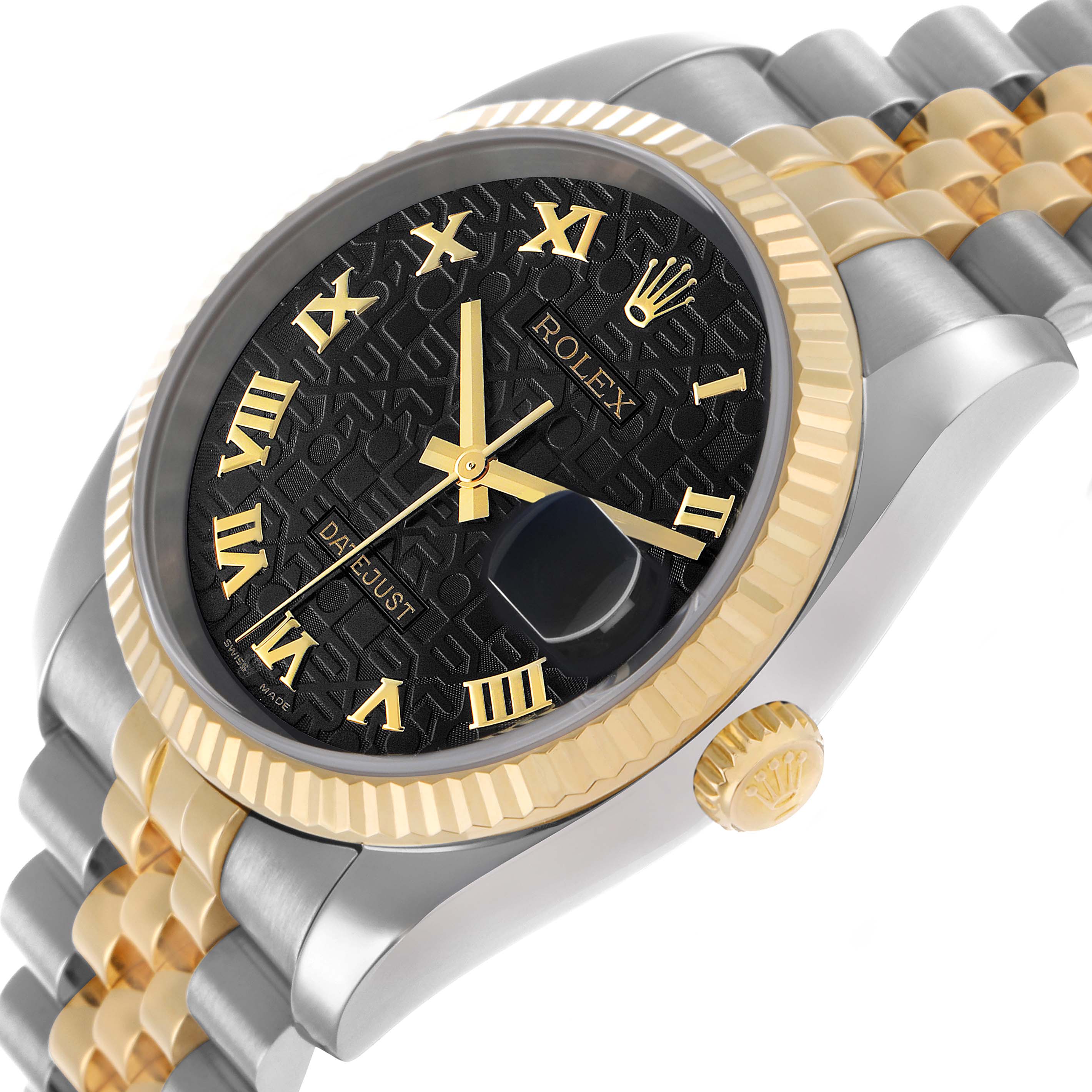 The Rolex Datejust 116233 Men's Steel and Gold (two tone) Black Dial watch is shown at an angled close-up featuring the black textured dial, gold Roman numerals, bezel, and Jubilee bracelet.