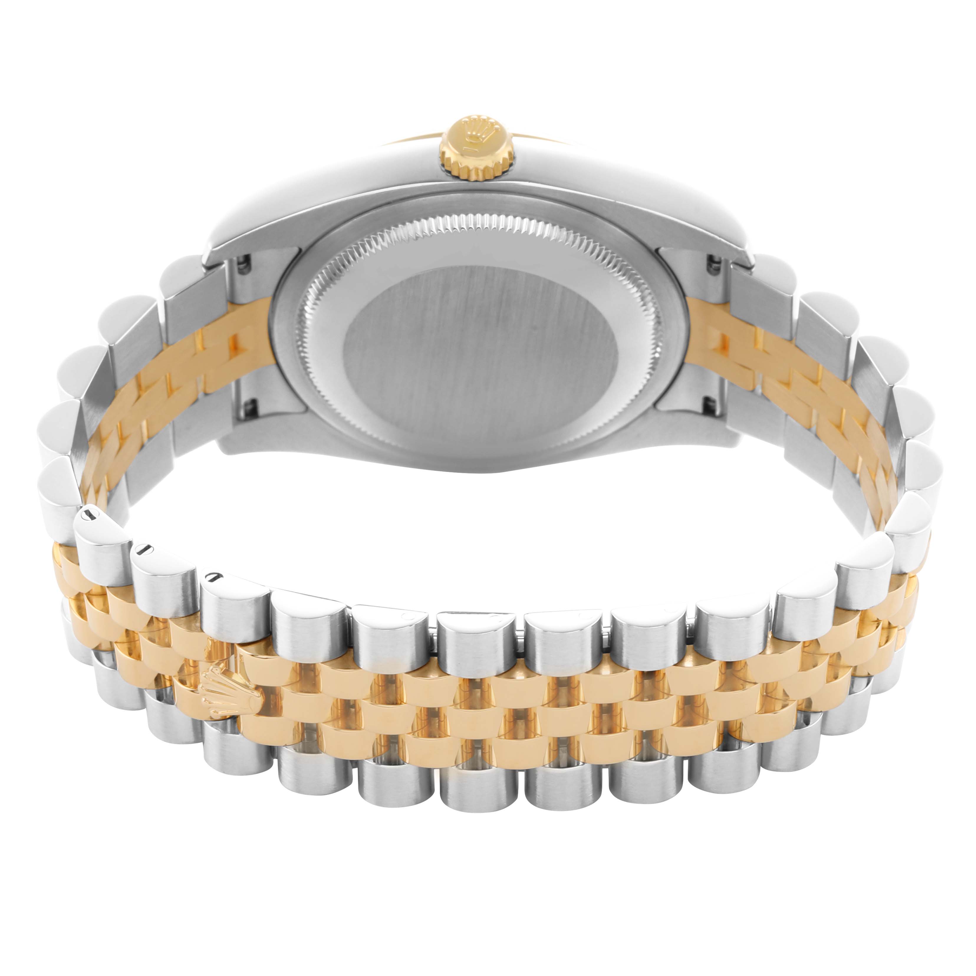 The image shows the back case, crown, and bracelet of a Rolex Datejust 116233 Men's Steel and Gold (two tone) Black Dial, viewed from the side and rear.