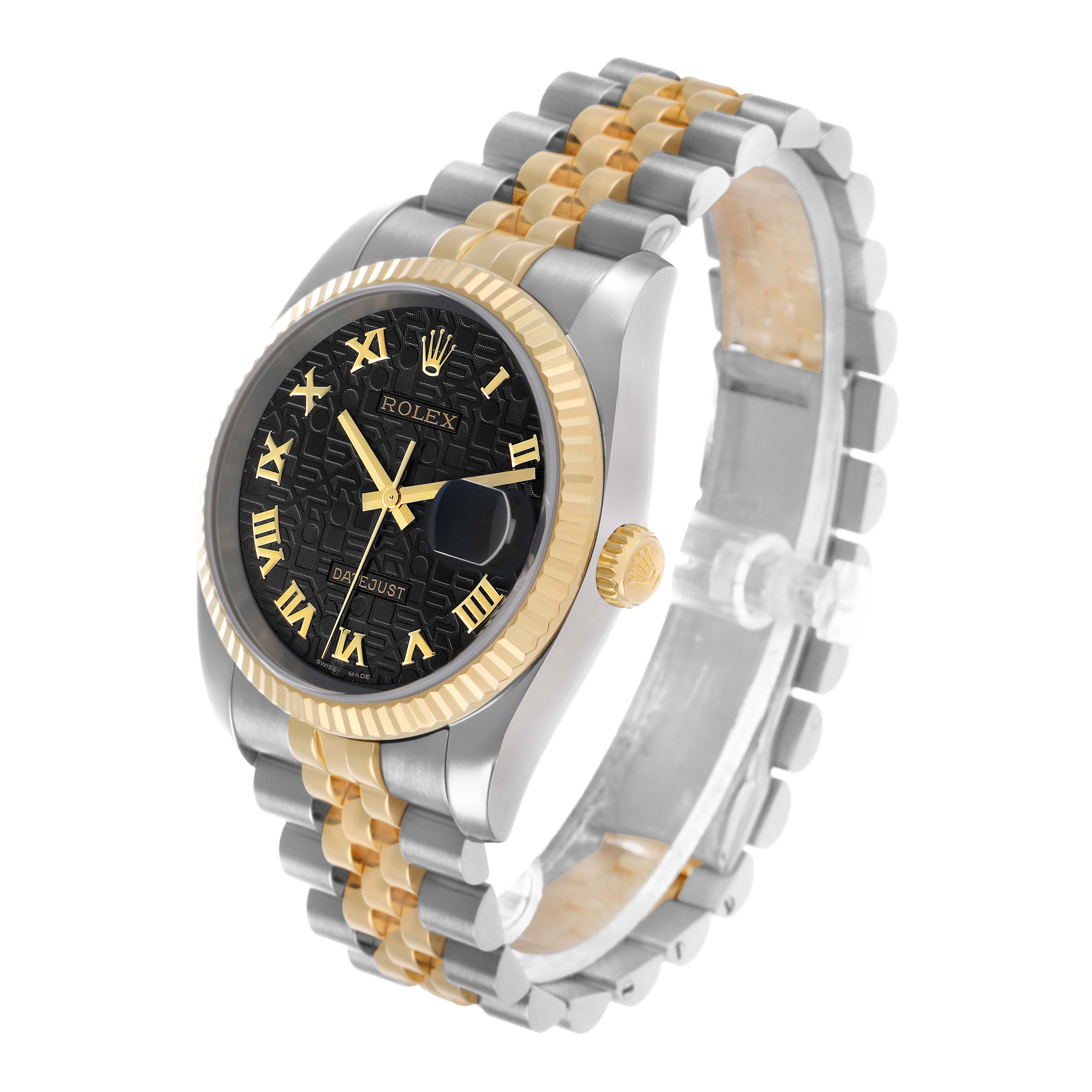 The Rolex Datejust 116233 Men's Steel and Gold (two tone) Black Dial watch is shown at a slight angle, highlighting the face, bezel, crown, and two-tone bracelet.