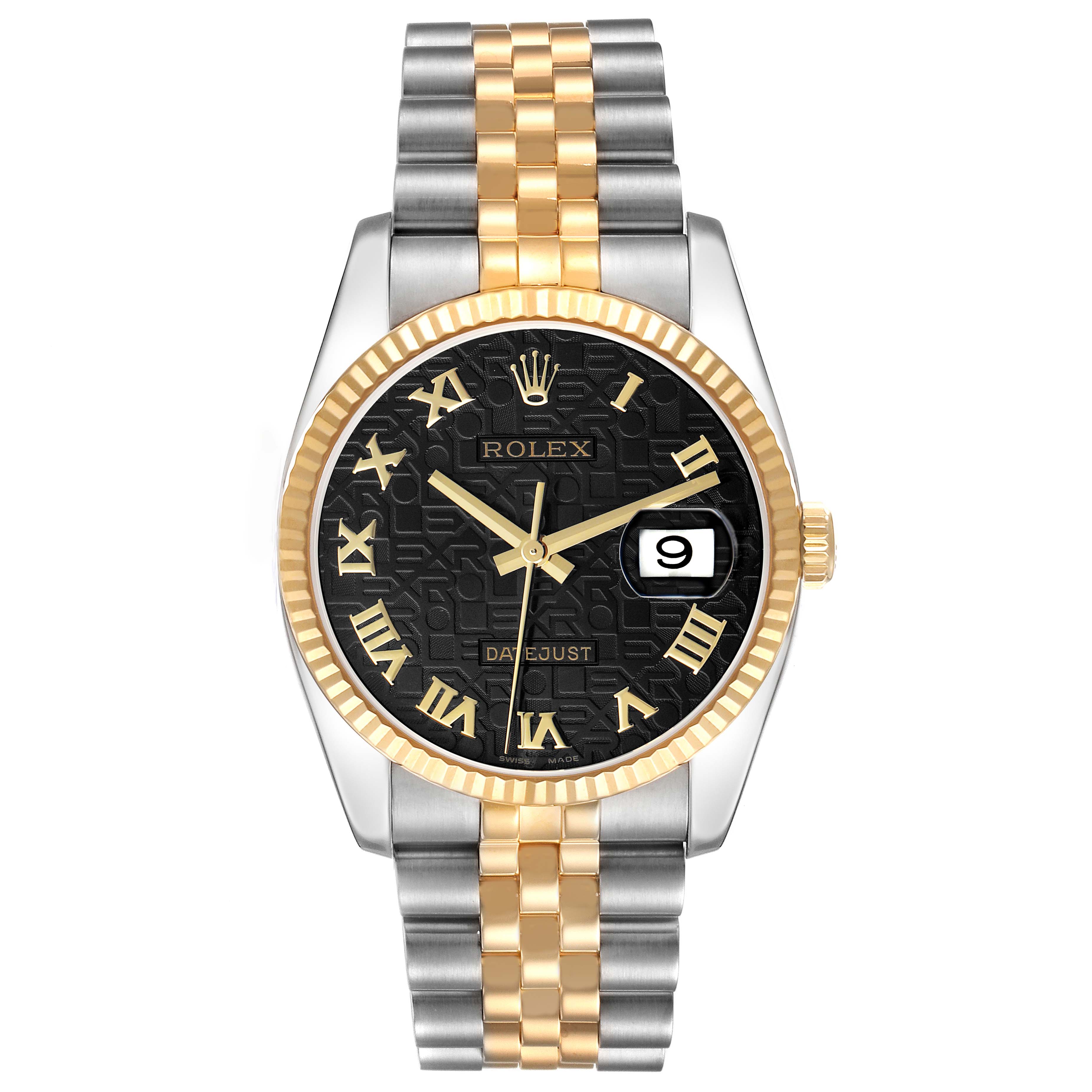 The Rolex Datejust 116233 Men's Steel and Gold (two tone) Black Dial watch is shown from a top-down angle, highlighting its black dial, gold bezel, Roman numerals, and two-tone bracelet.