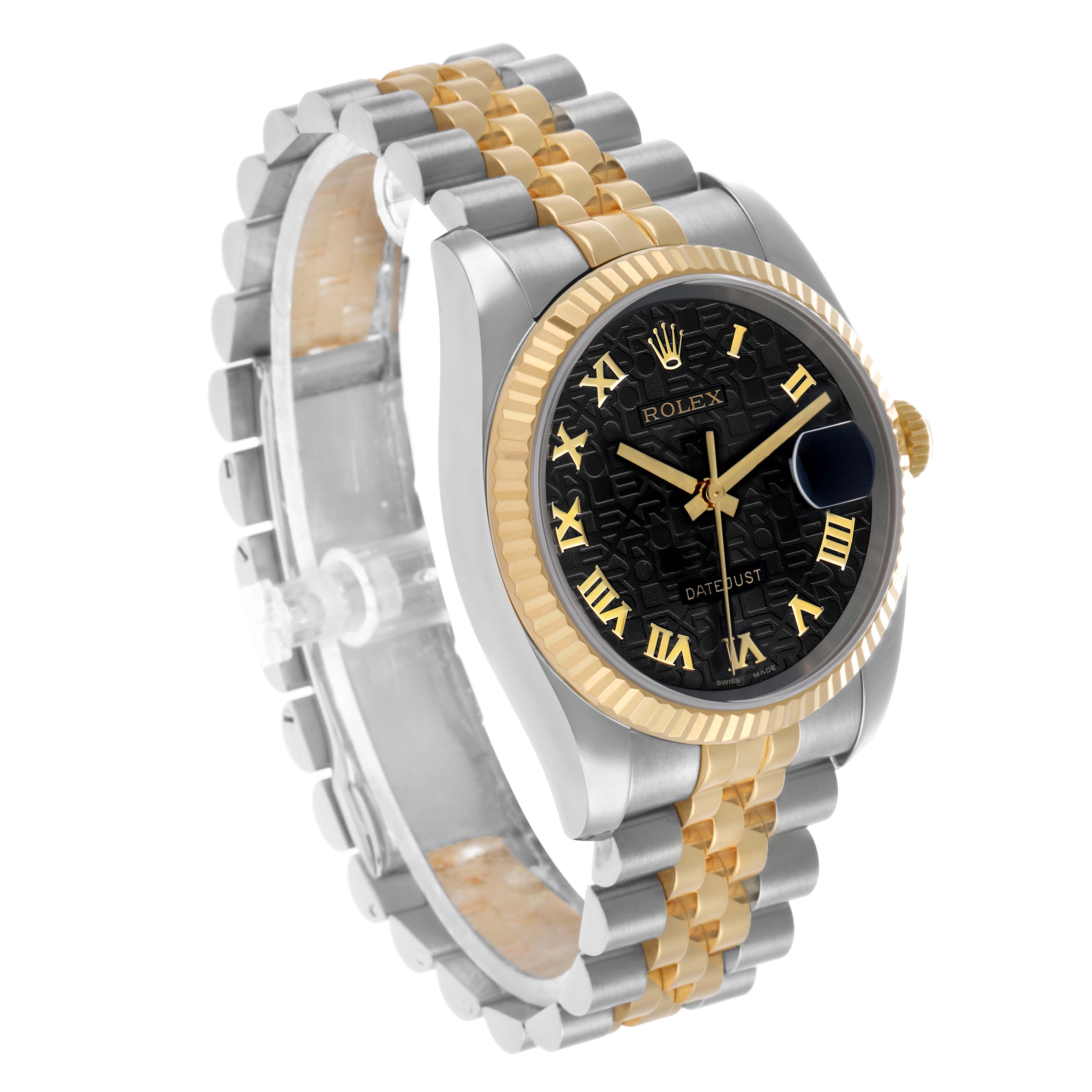 The Rolex Datejust 116233 Men's Steel and Gold (two tone) Black Dial watch is shown at an oblique angle, with focus on the bezel, dial, case, and two-tone bracelet.