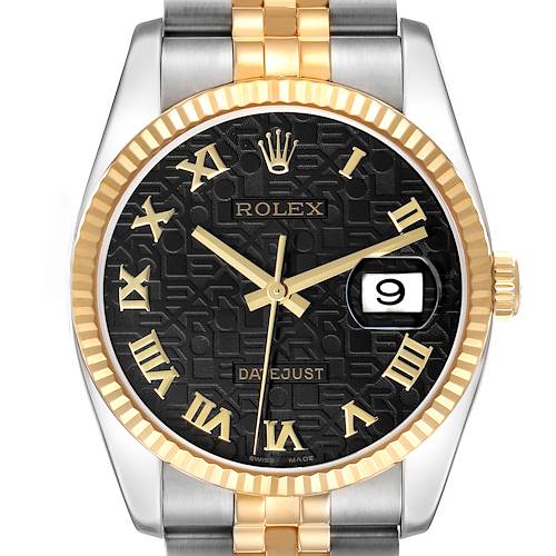 The Rolex Datejust 116233 Men's Steel and Gold (two tone) Black Dial watch is shown from a front angle, highlighting the dial, bezel, crown, and part of the bracelet.