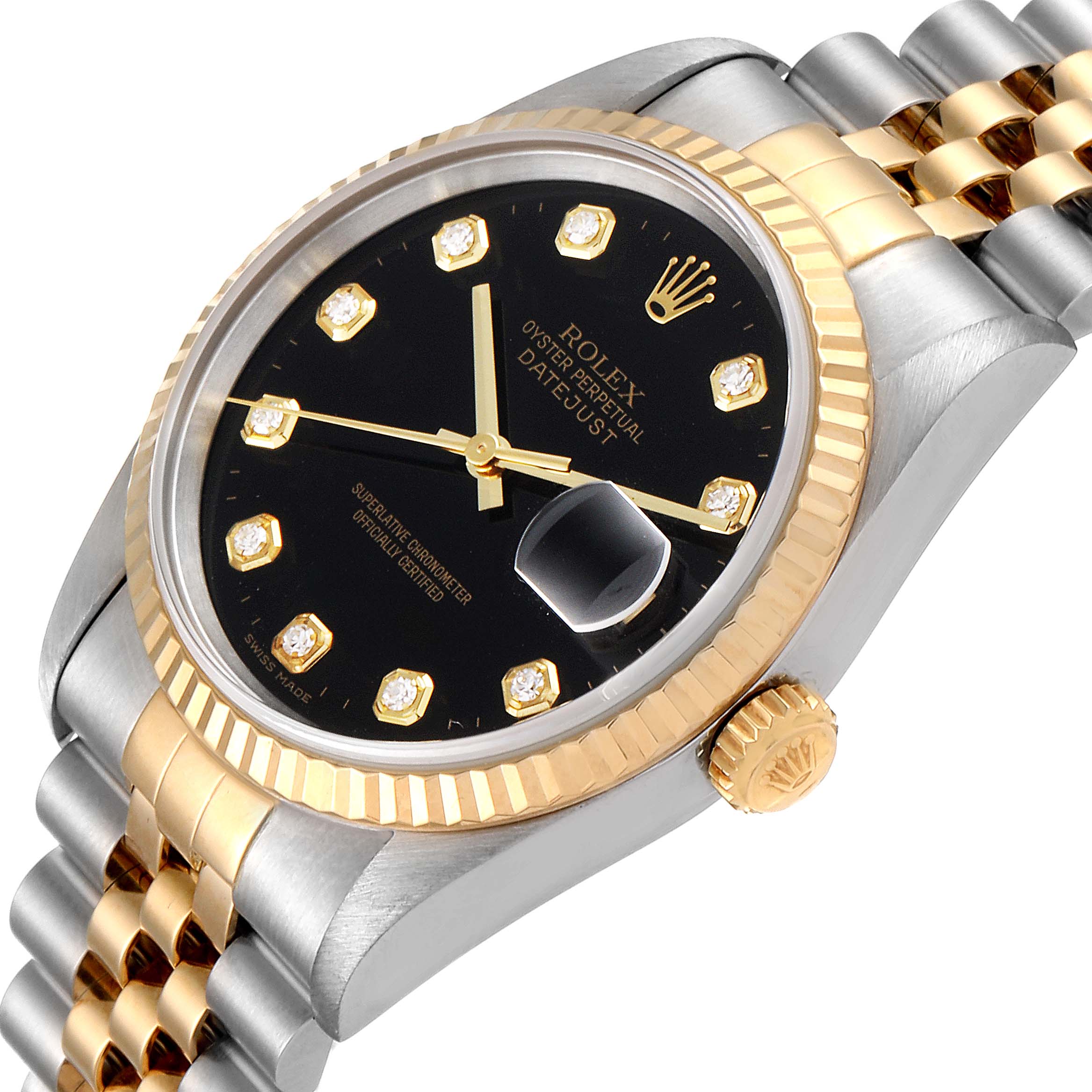 This image shows a Rolex Datejust 16233 Men's Steel and Gold (two tone) Black Dial 16233 Men's Steel and Gold (two tone) Black Dial watch from a diagonal angle, highlighting the face, crown, and part of the bracelet.