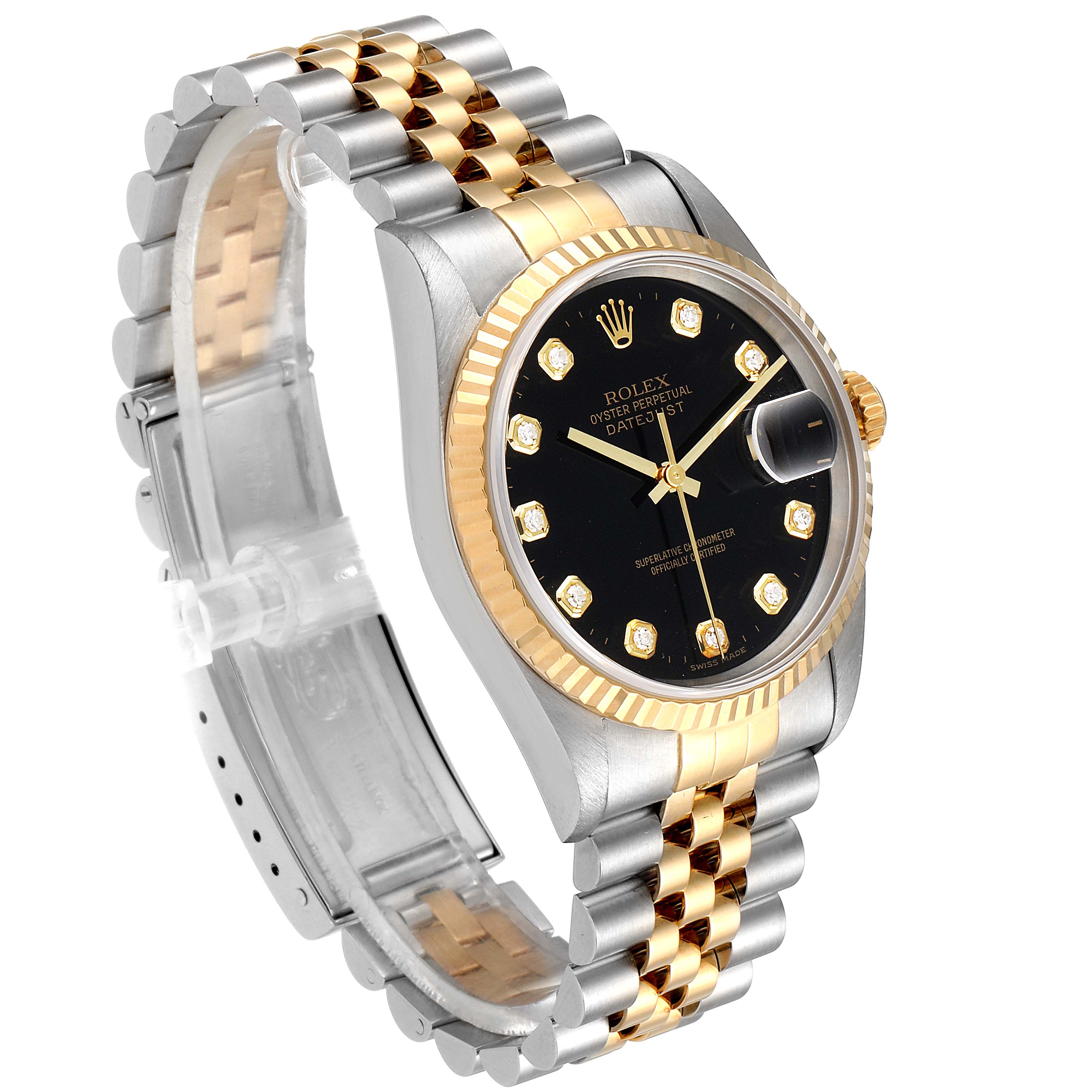 The image shows a Datejust Rolex watch from a three-quarter angle, highlighting the black dial, diamond hour markers, and two-tone bracelet.
