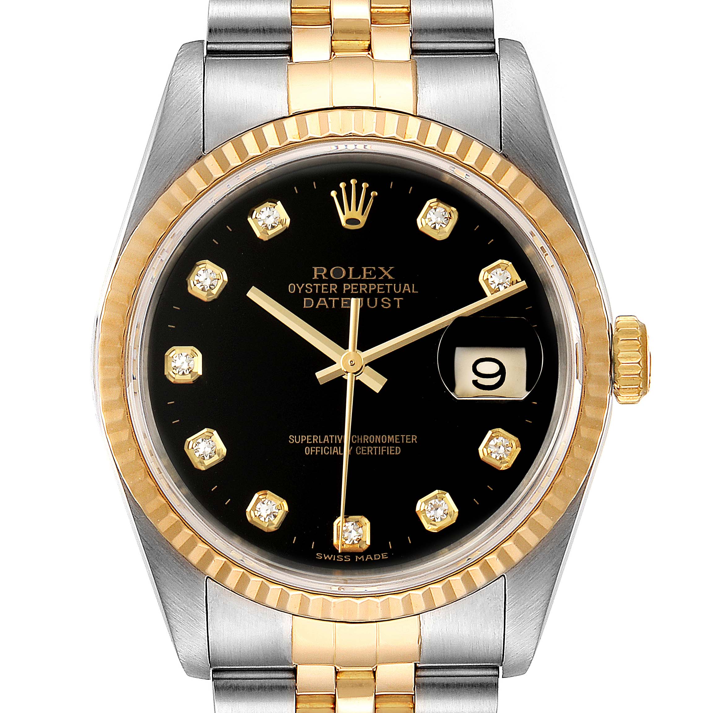 Rolex Datejust Steel Yellow Gold Black Diamond Mens Watch 16233